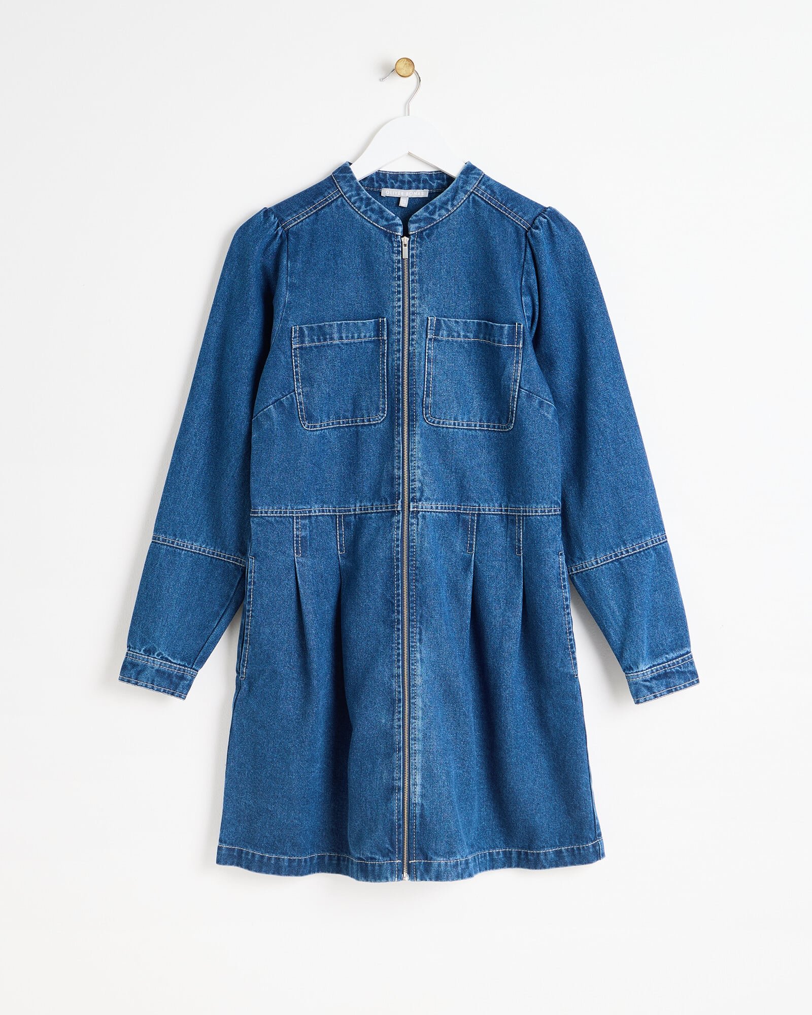 Blue Denim Collarless Zip Front Mini Dress | Oliver Bonas