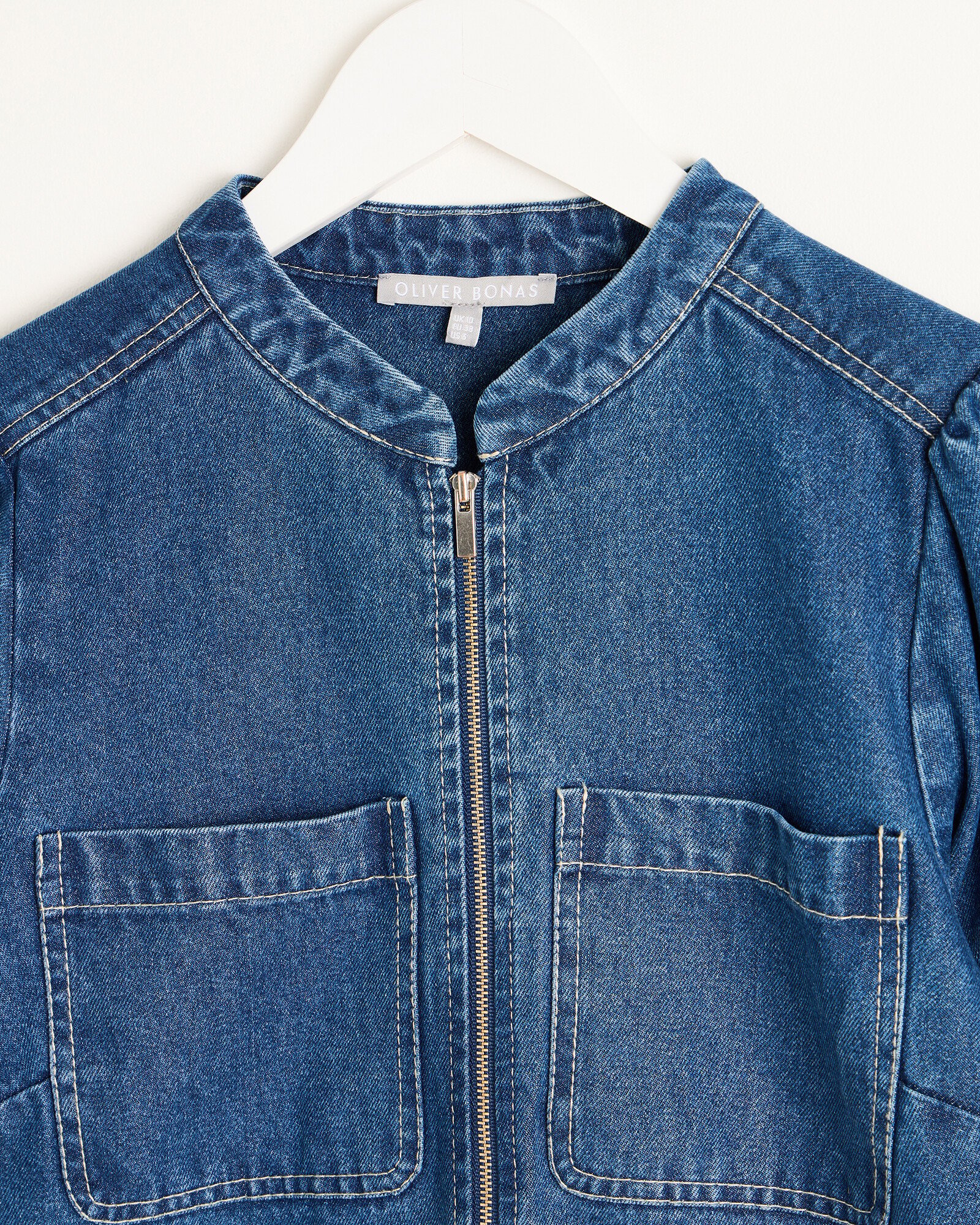 Blue Denim Collarless Zip Front Mini Dress | Oliver Bonas