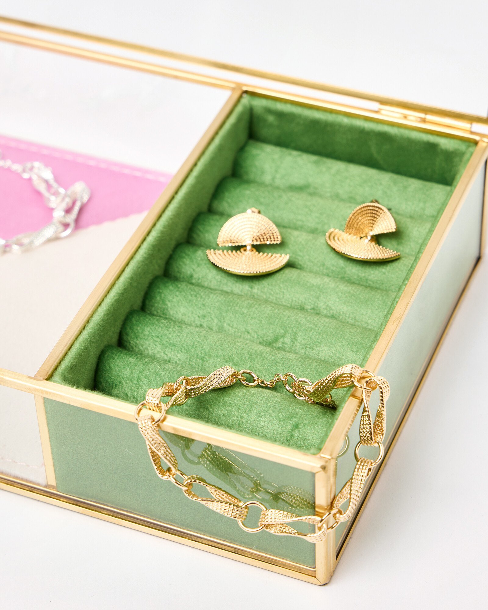 Gold Glass Quilted Velvet Jewellery Box Oliver Bonas