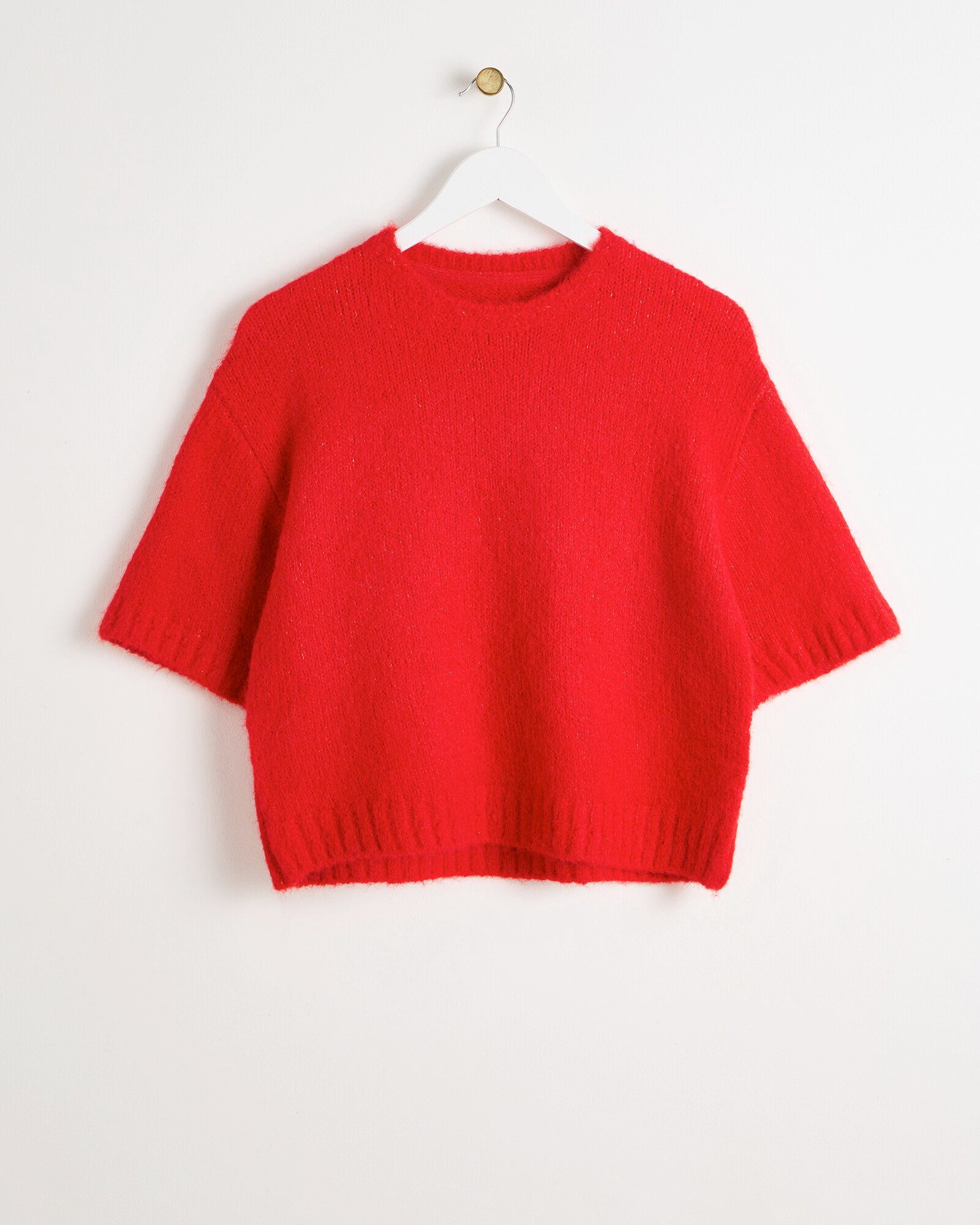 Red Fluffy Short Sleeve Knit Shell Top | Oliver Bonas