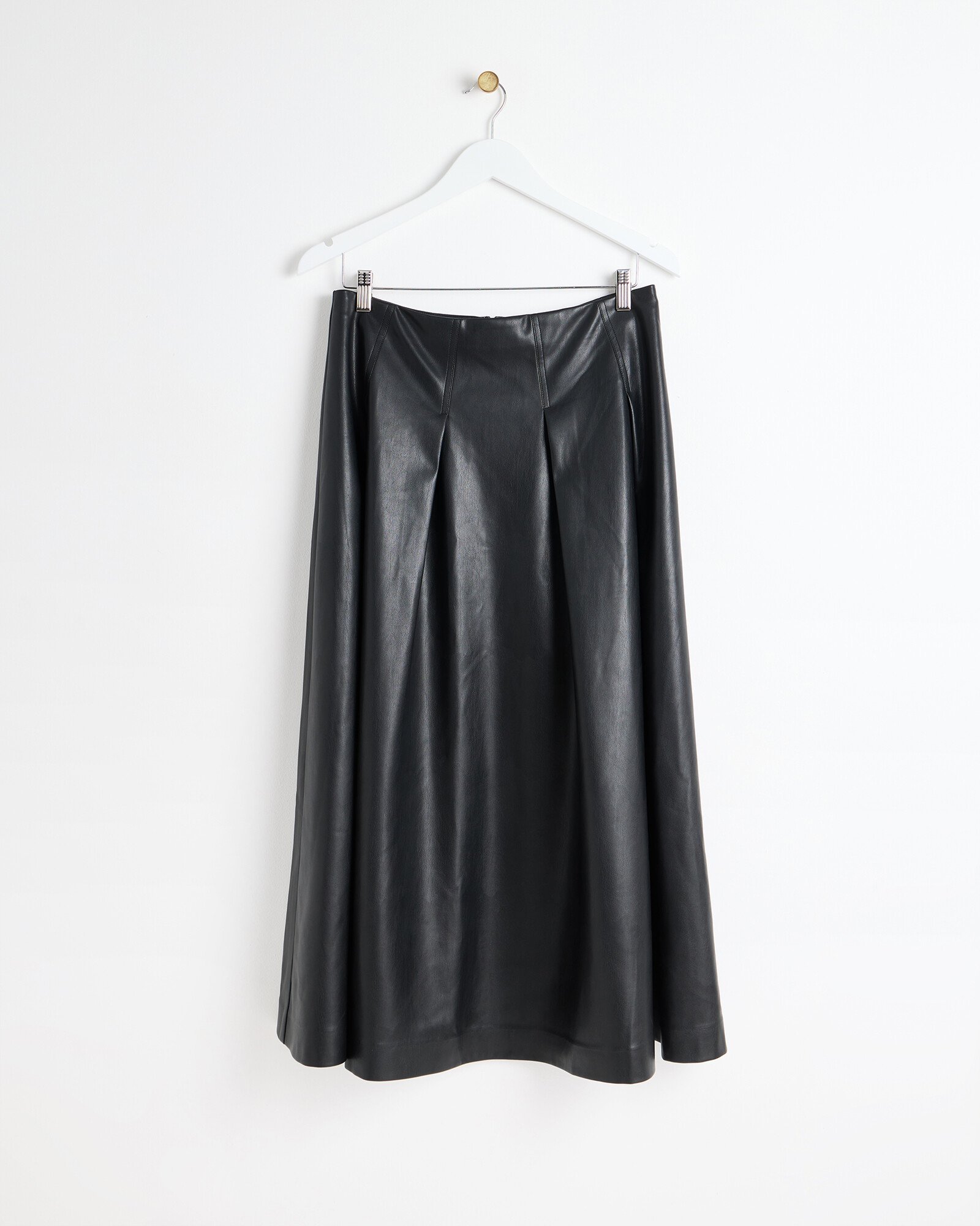 Black Faux Leather Pleated Midi Skirt Oliver Bonas