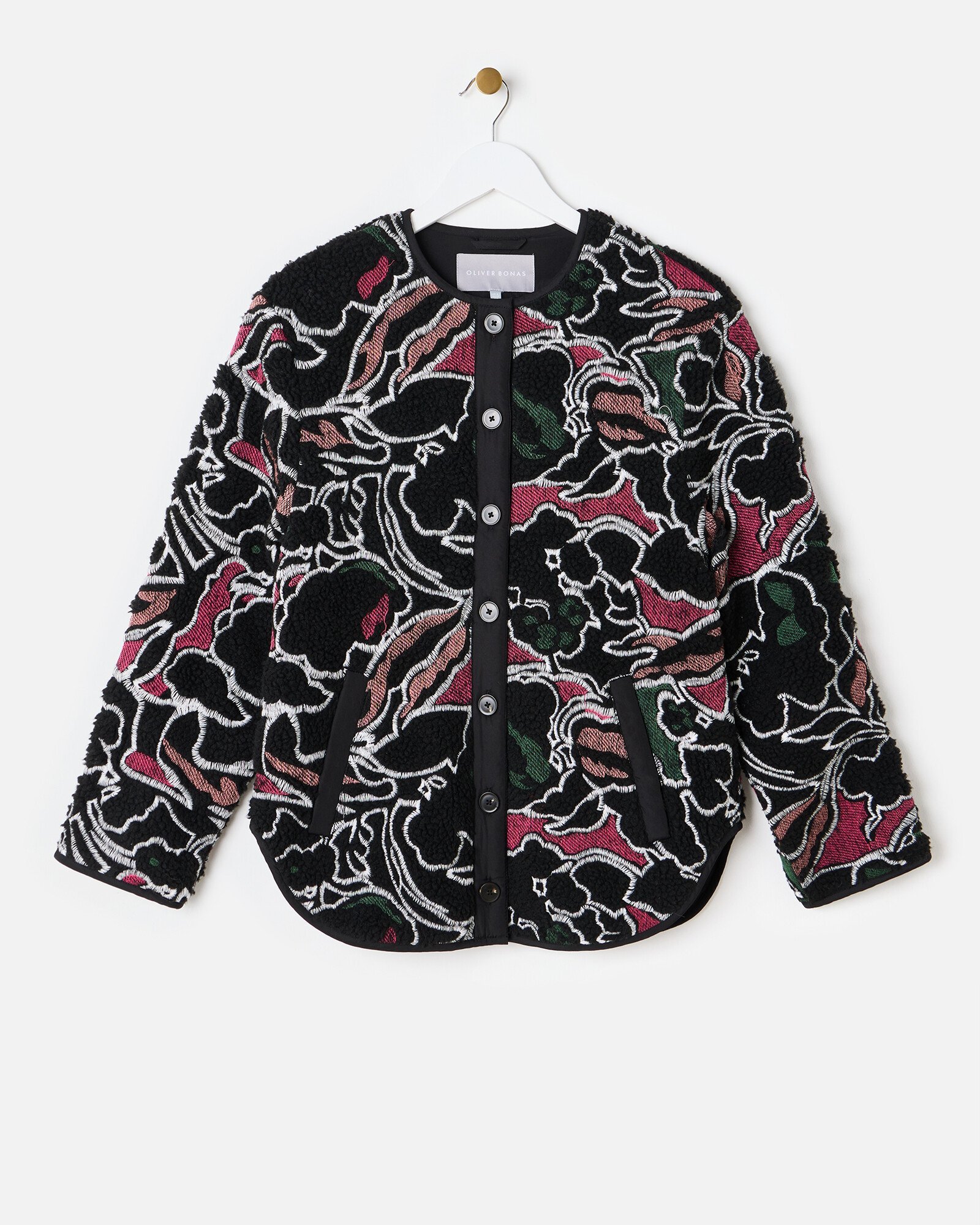 Black Floral Embroidered Borg Jacket Oliver Bonas IE