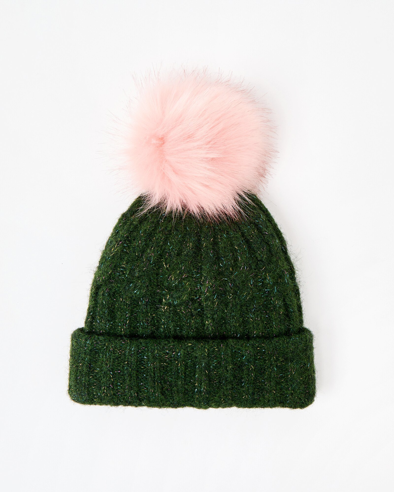 Khaki Green Sparkle Pom Pom Bobble Hat Oliver Bonas