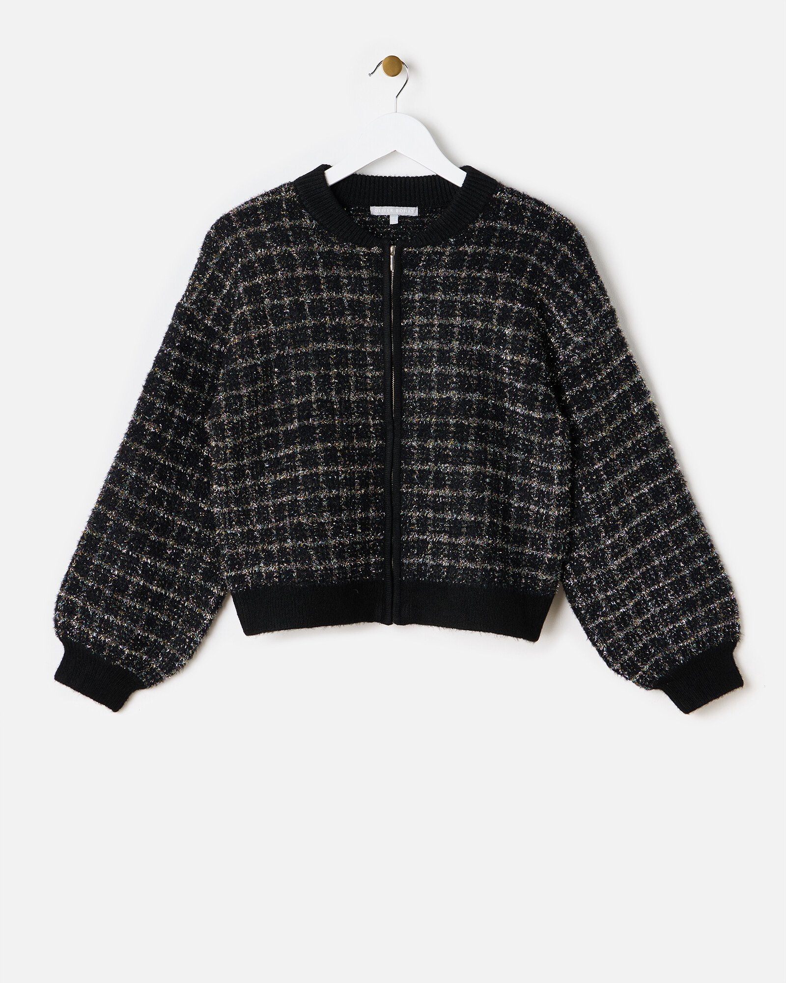 Black Sparkly Checked Knitted Bomber Jacket Oliver Bonas