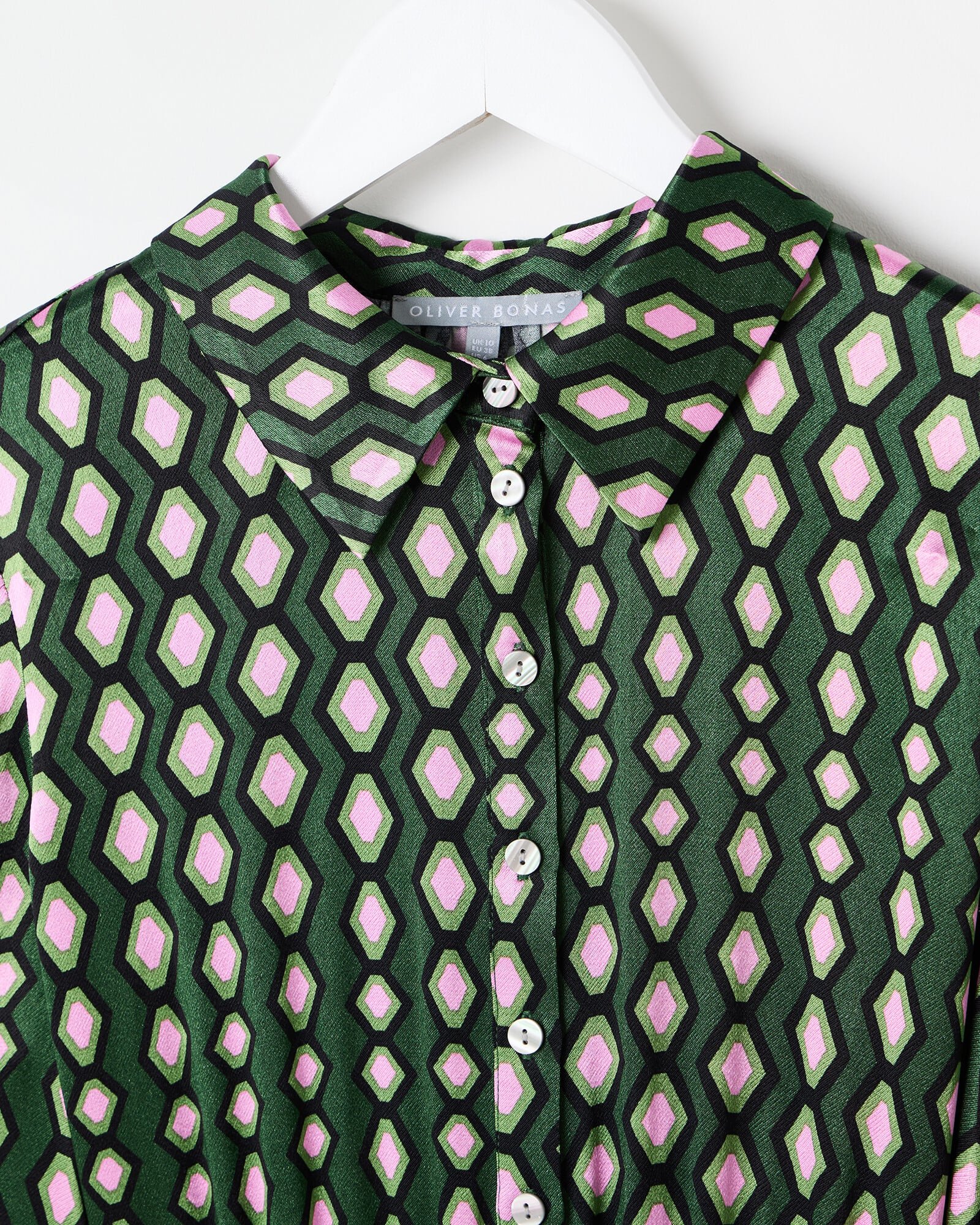 Green Geometric Satin Mini Shirt Dress | Oliver Bonas
