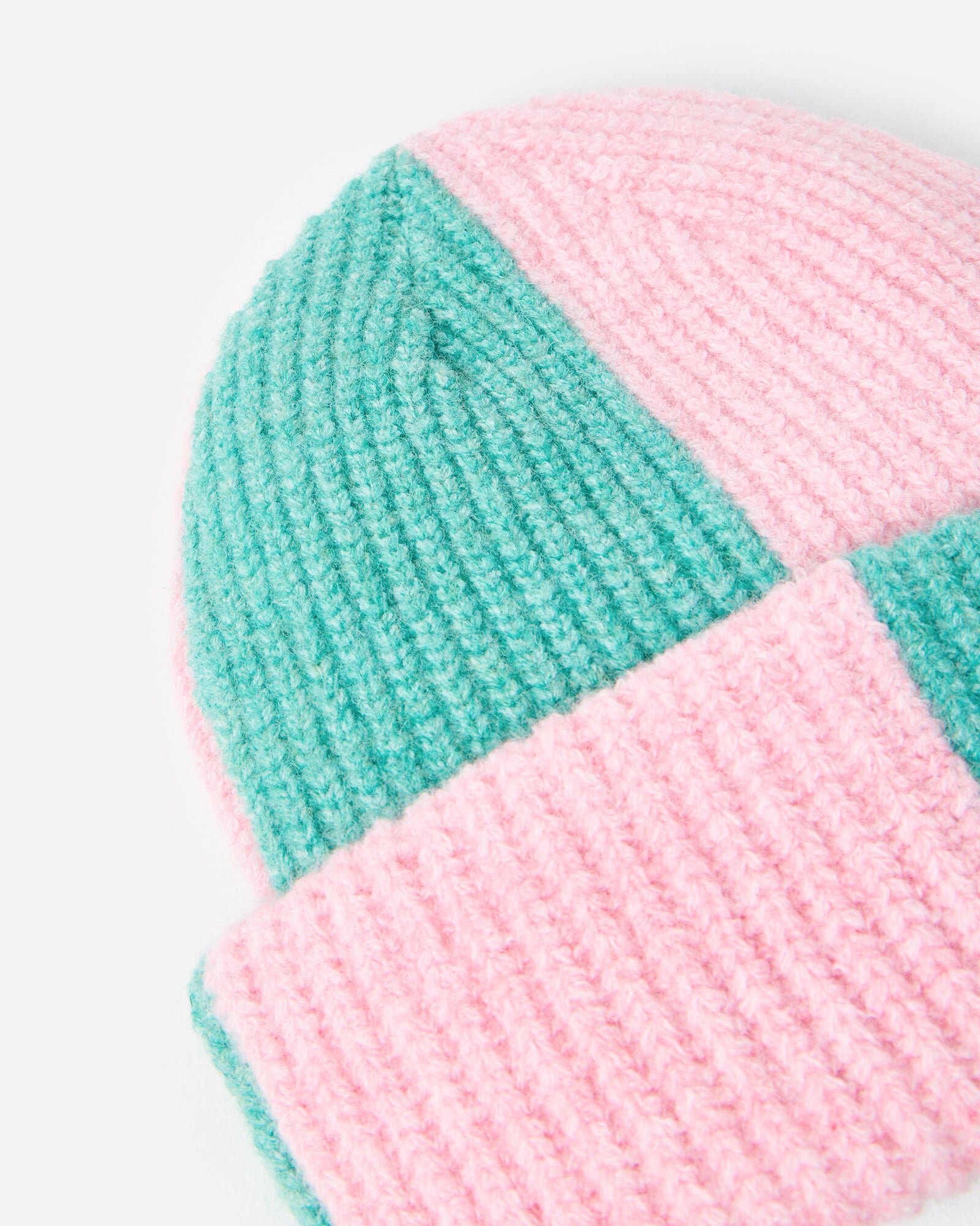 Green & Pink Colour Block Knitted Beanie Hat | Oliver Bonas