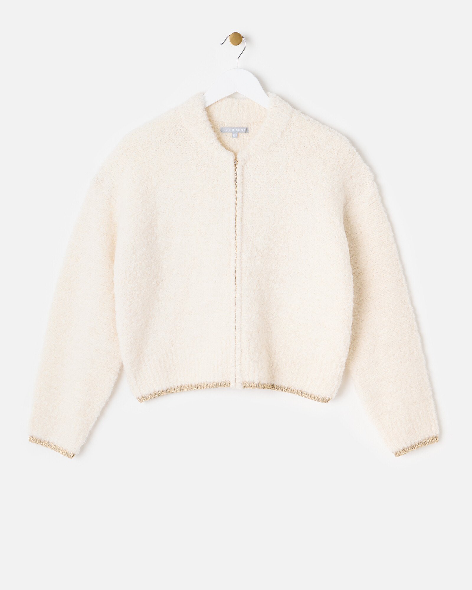 Cream Fluffy Boucle Knitted Bomber Jacket Oliver Bonas