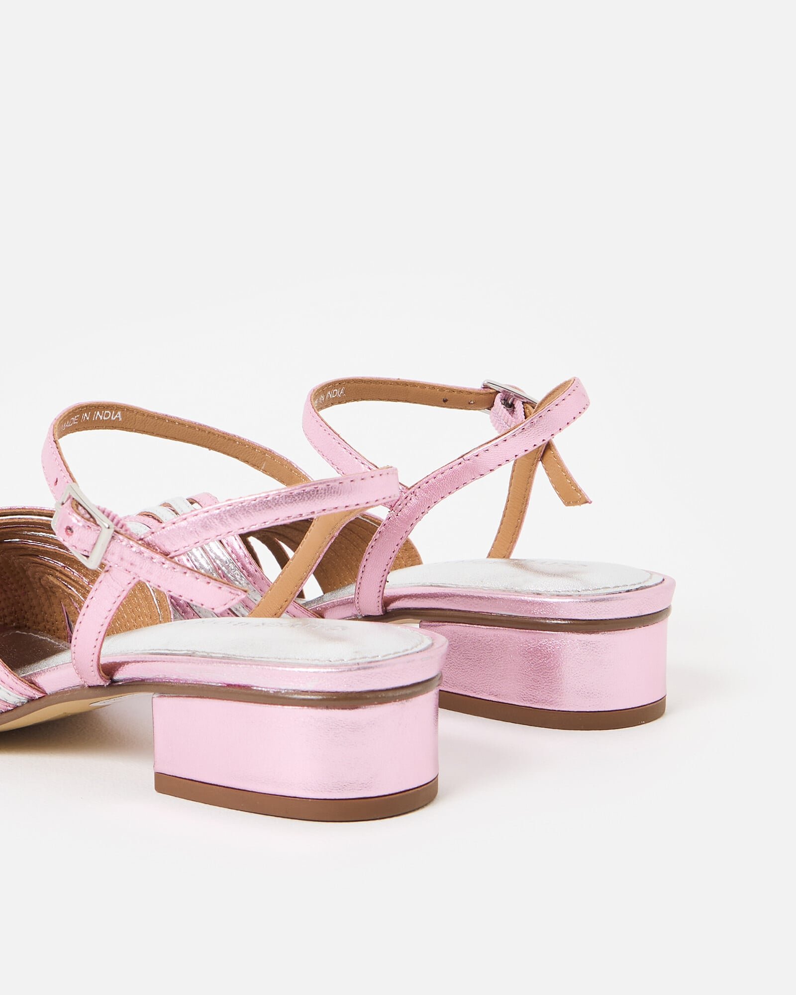 Pink & Silver Metallic Fan Leather Heeled Sandals | Oliver Bonas