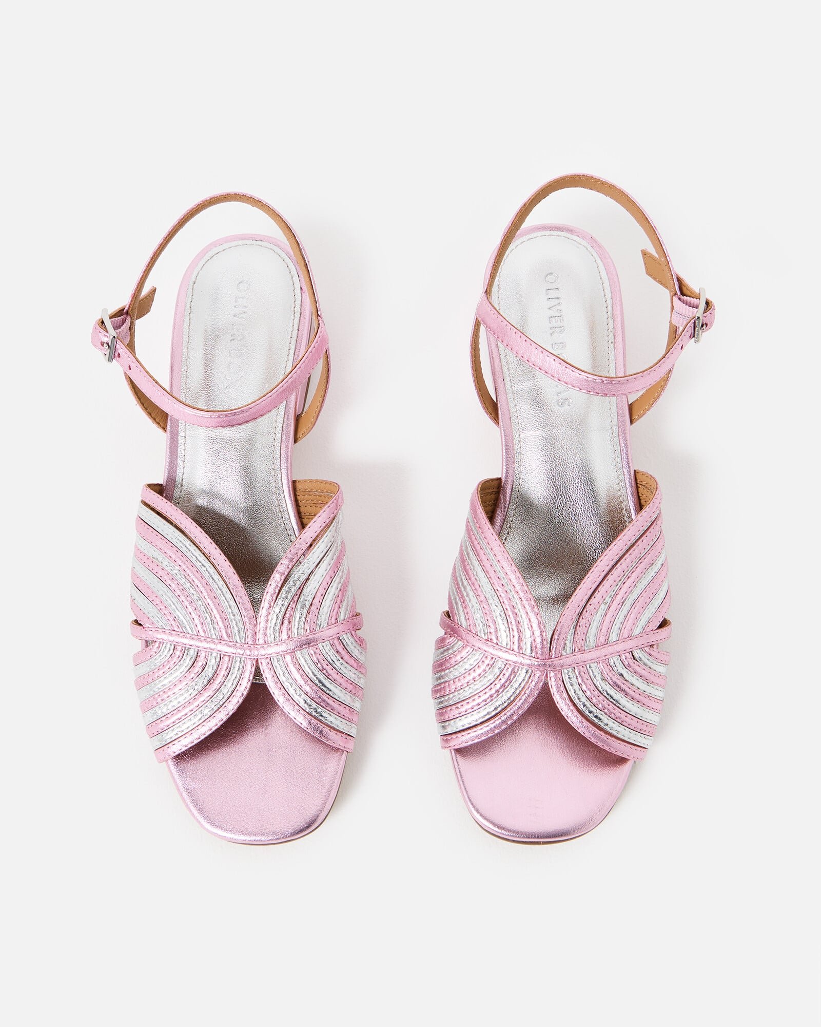 Pink & Silver Metallic Fan Leather Heeled Sandals | Oliver Bonas