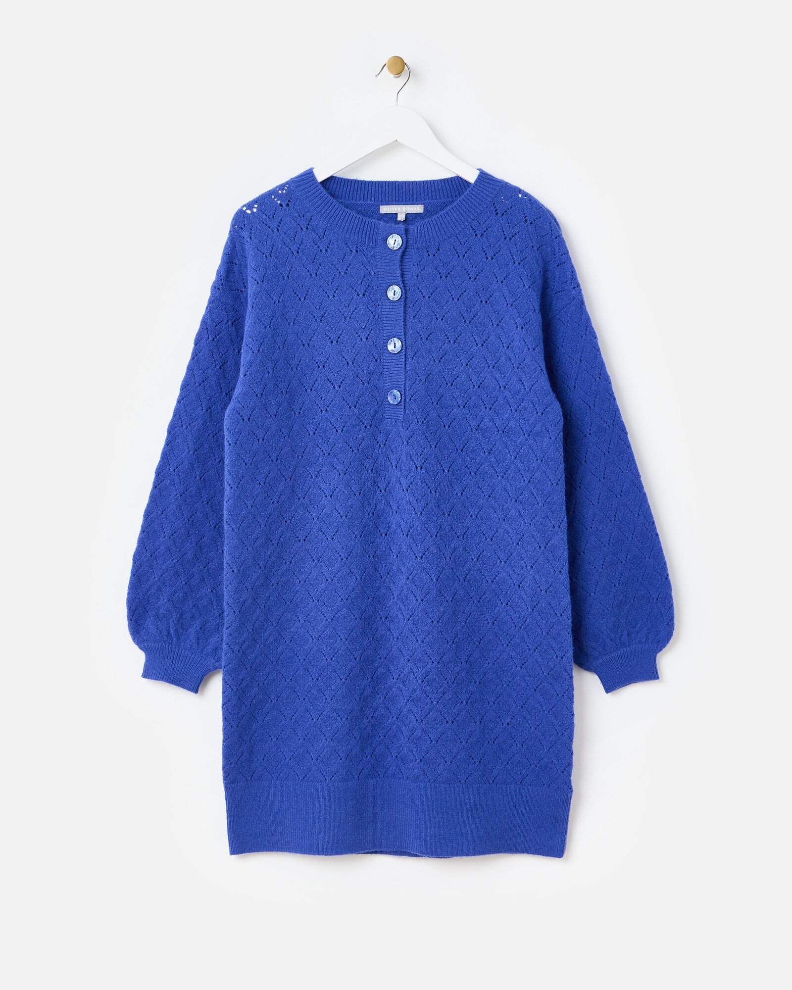 Cobalt Blue Pointelle Knitted Jumper Dress | Oliver Bonas