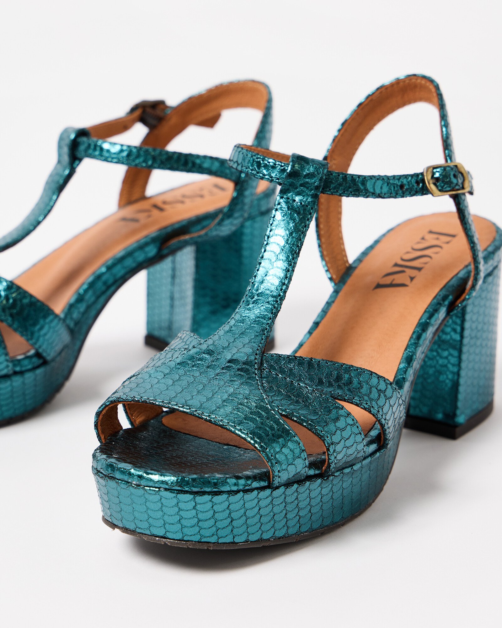 Esska Charlie Teal Blue Metallic Leather Heeled Sandals Oliver