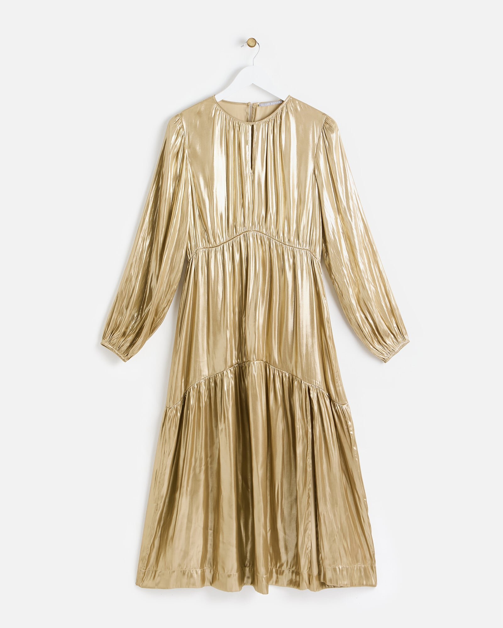 Gold Metallic Tiered Midi Dress | Oliver Bonas