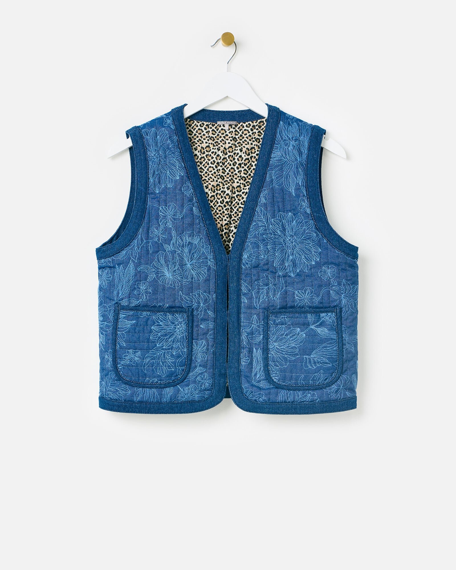 Denim Blue Embroidered Reversible Gilet | Oliver Bonas