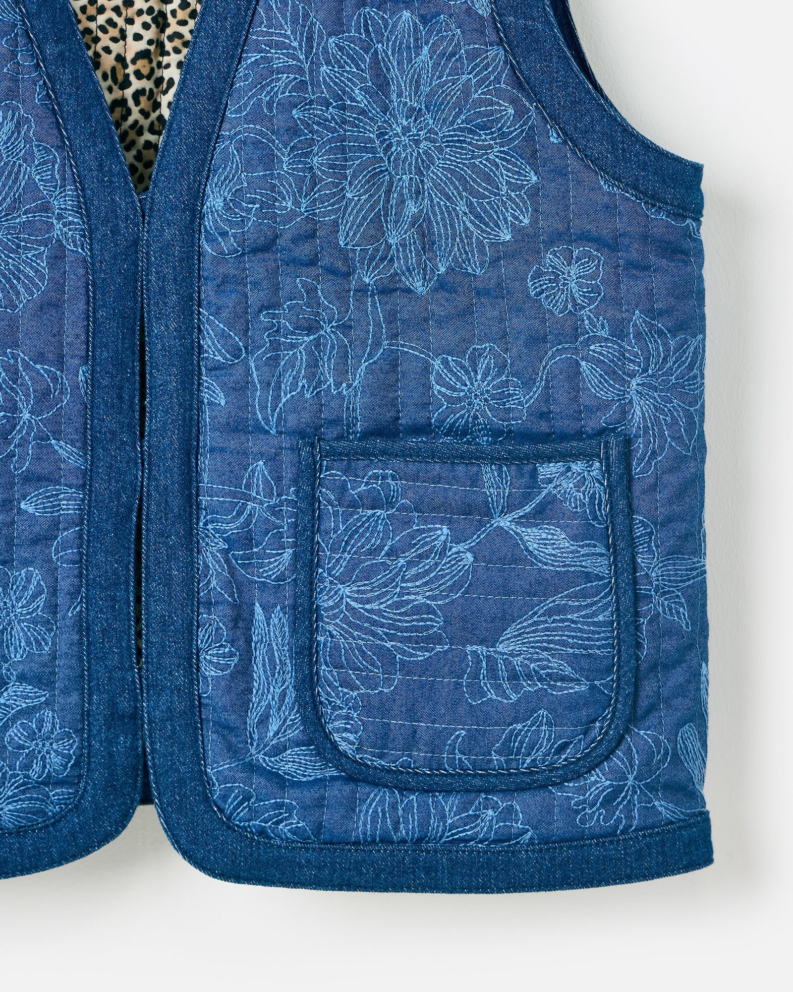 Denim Blue Embroidered Reversible Gilet | Oliver Bonas