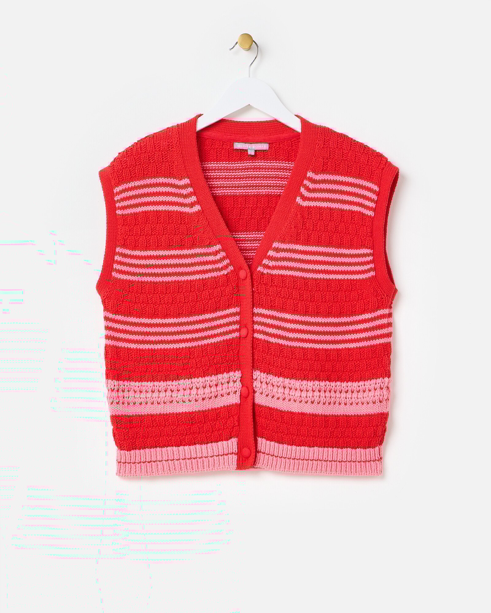 Red Pink Striped Button Up Knitted Waistcoat Oliver Bonas IE