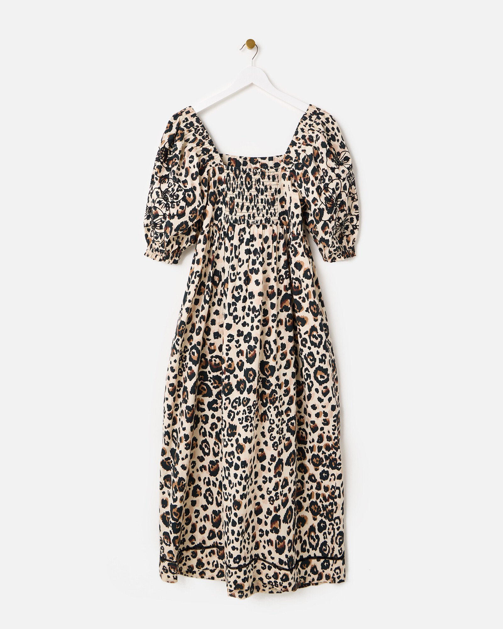 Embroidered Puff Sleeve Midi Leopard Print Dress Oliver Bonas