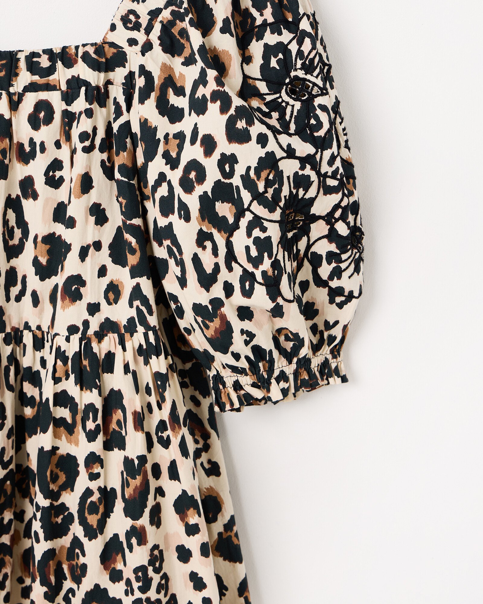 Embroidered Puff Sleeve Midi Leopard Print Dress | Oliver Bonas