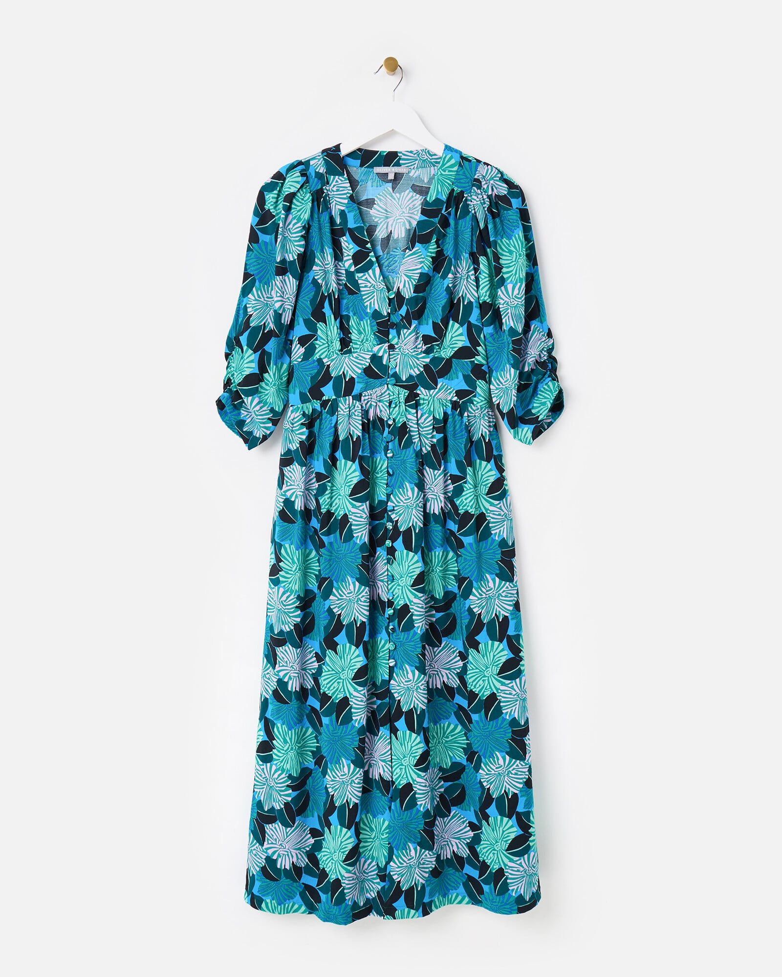 Blue & Green Floral V-Neck Midi Dress | Oliver Bonas