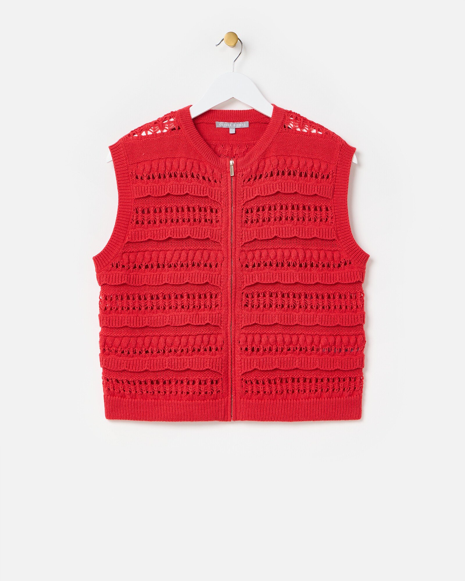 Red Scallop Frill Zip Up Knitted Waistcoat Oliver Bonas