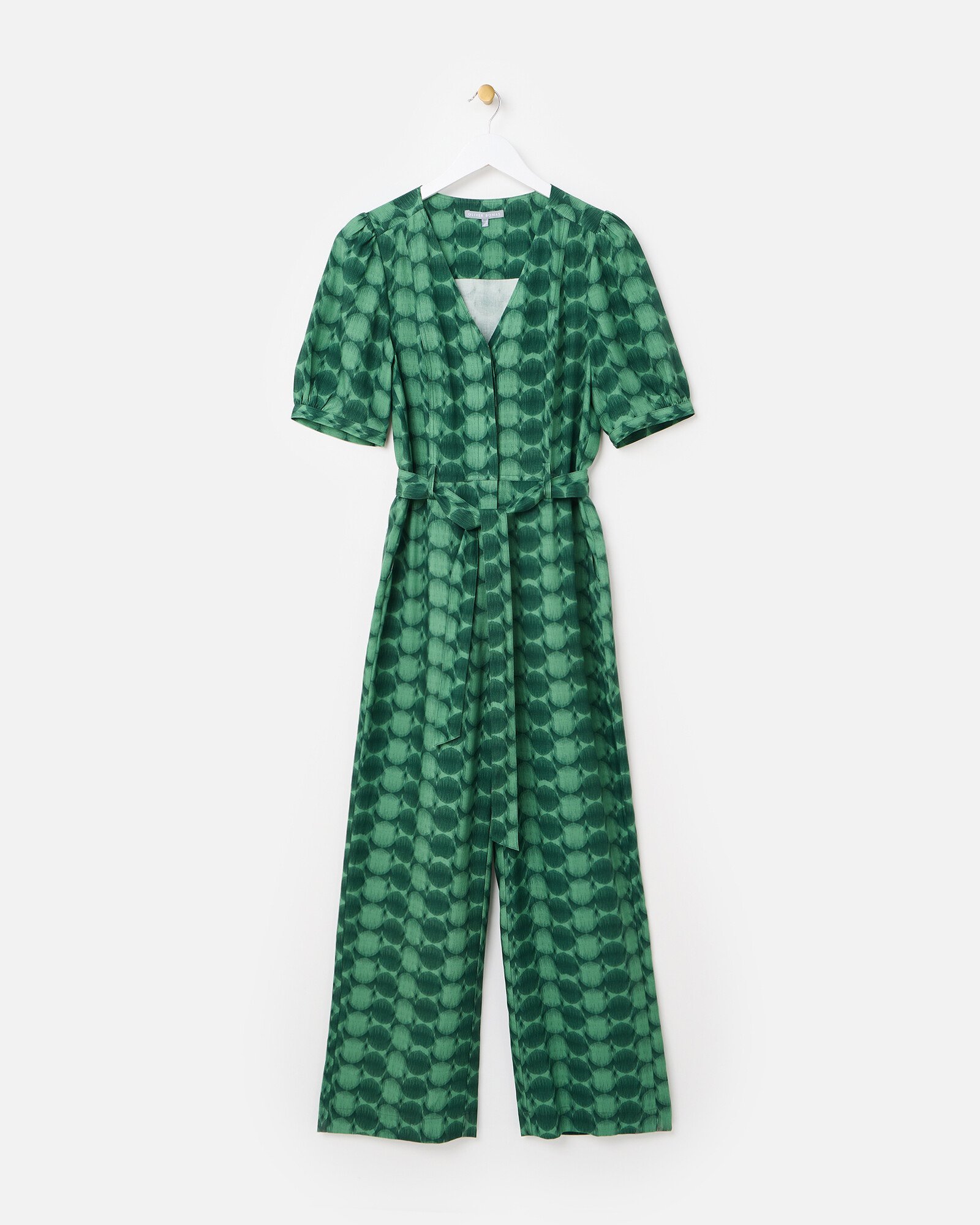 Green Geometric Circle V-Neck Tie Waist Jumpsuit Oliver Bonas