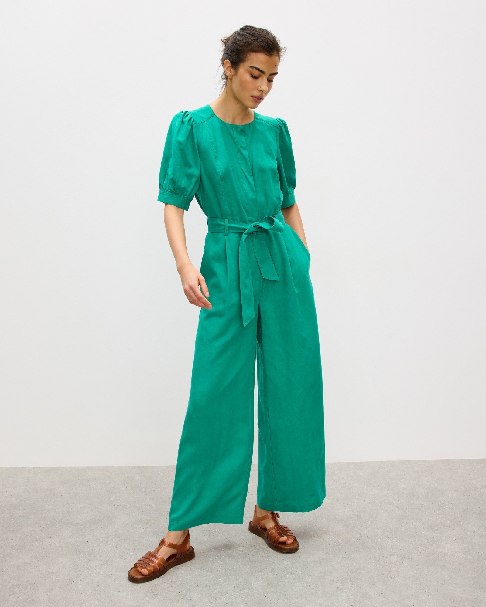 Green Puff Sleeve Tie Waist Wide Leg Jumpsuit Oliver Bonas