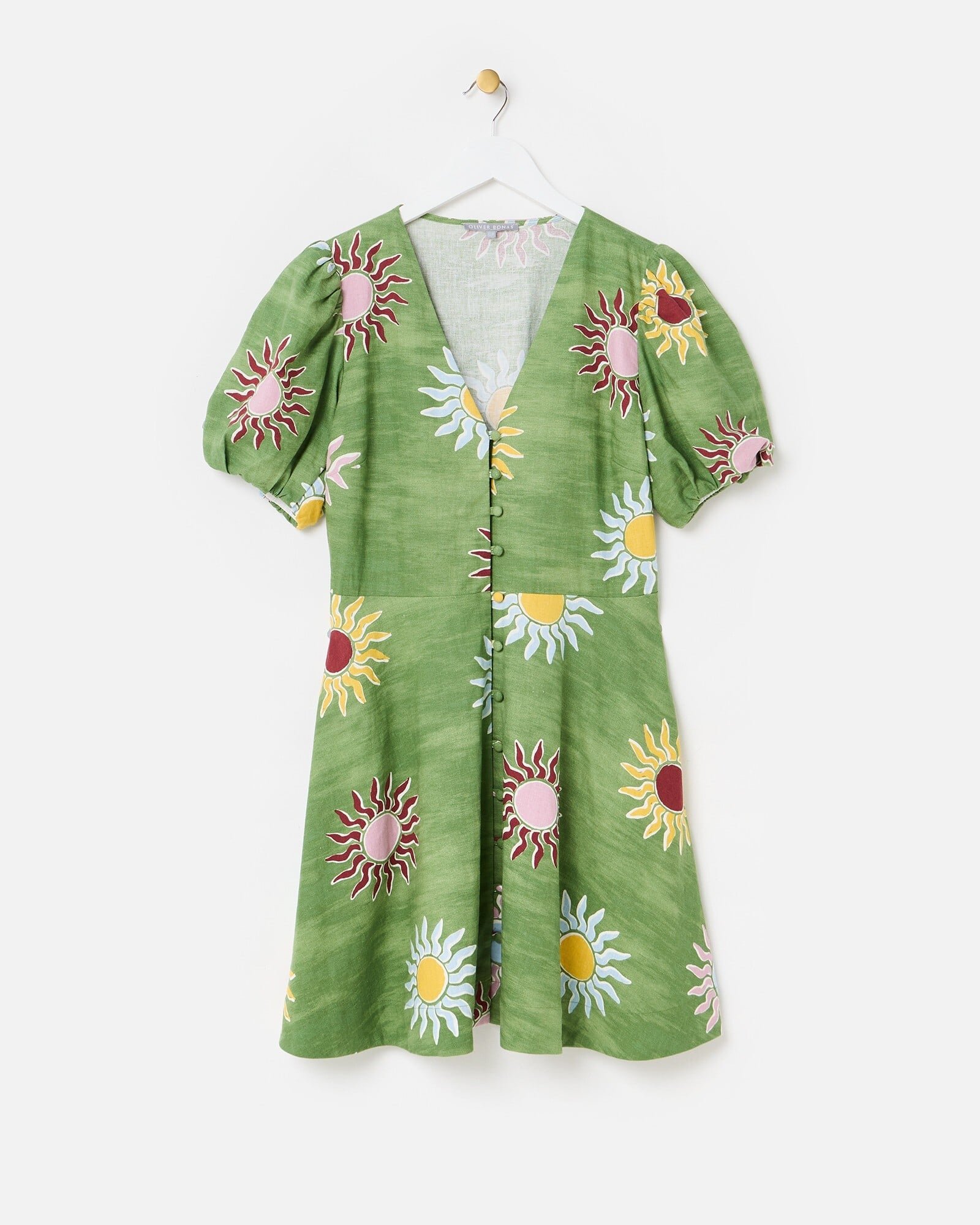 Green Sun Print Linen Blend V-Neck Mini Dress | Oliver Bonas