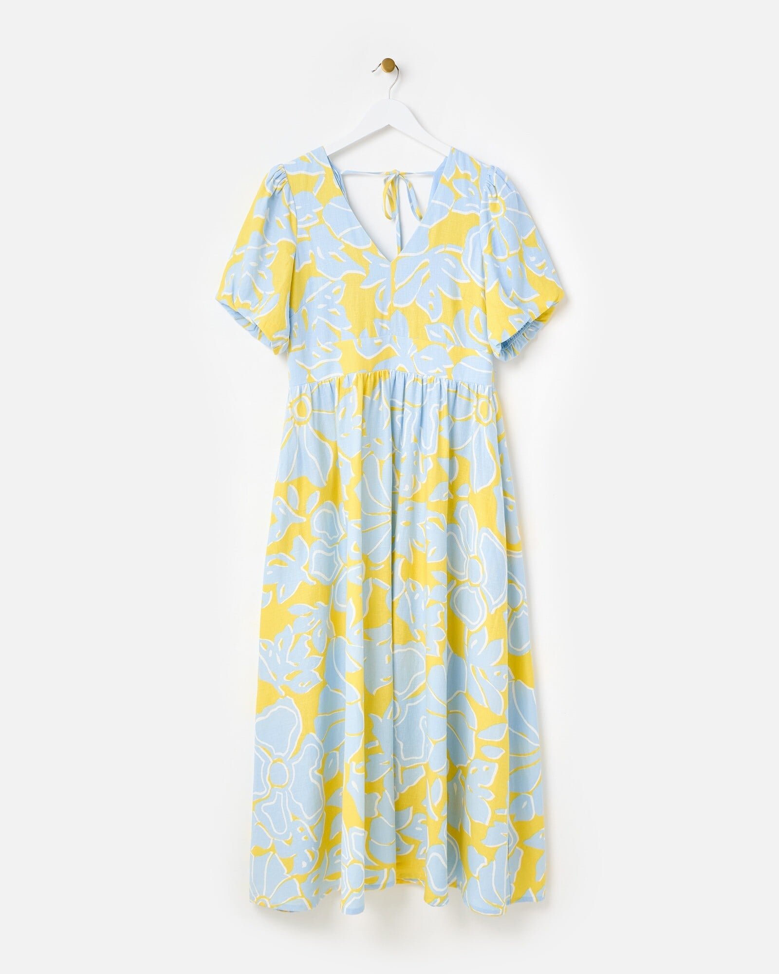 Yellow & Blue Floral V-Neck Linen Blend Midi Dress