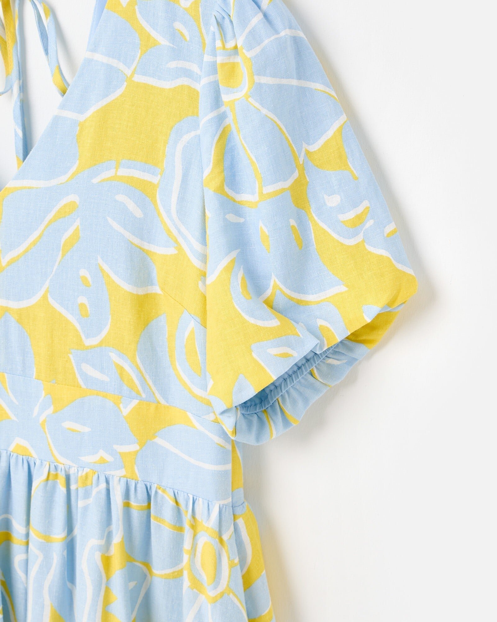 Yellow & Blue Floral V-Neck Linen Blend Midi Dress | Oliver Bonas Yellow & Blue Floral V-Neck Linen Blend Midi Dress | Oliver Bonas
