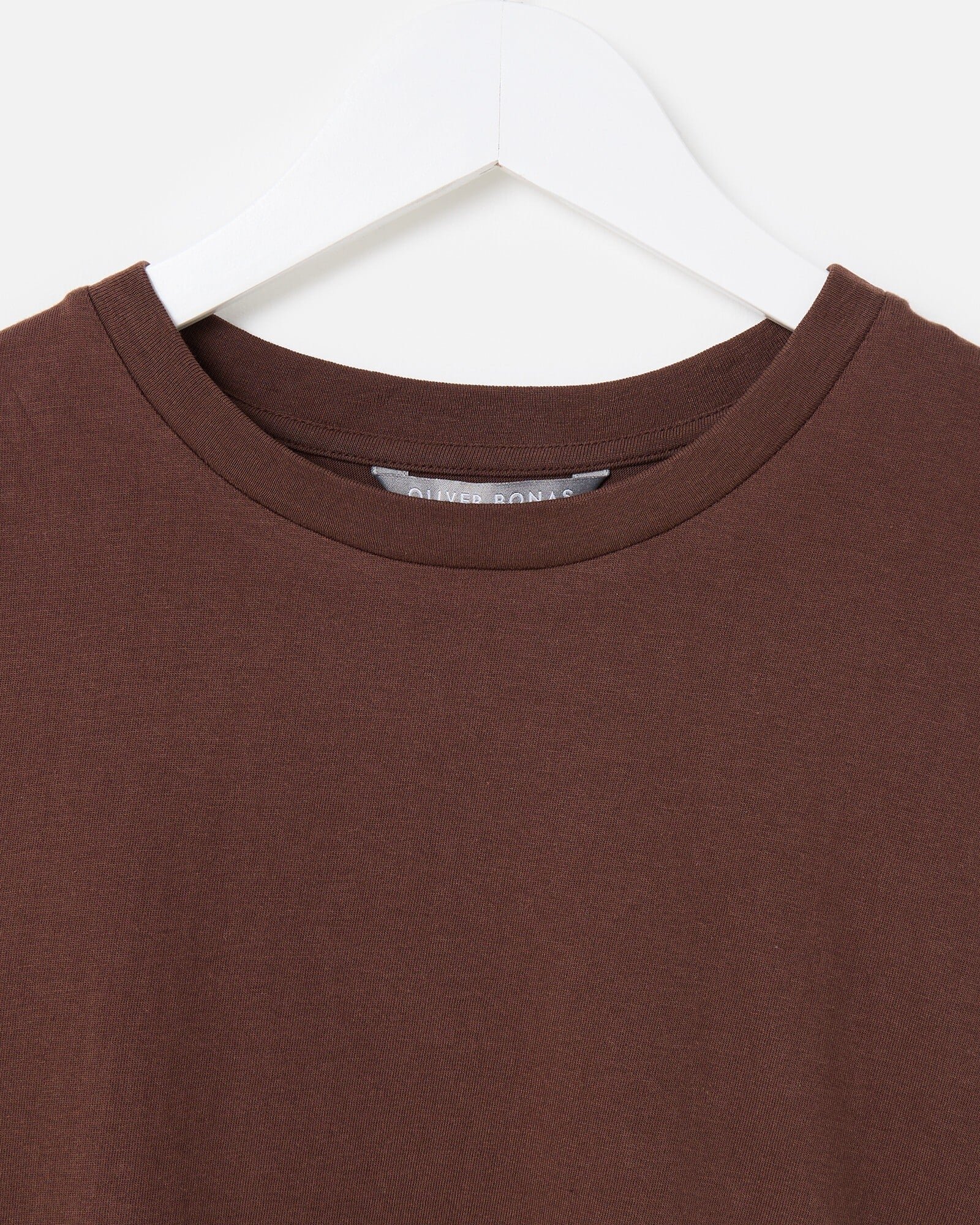 Brown Scalloped Broderie Mini T-Shirt Dress | Oliver Bonas