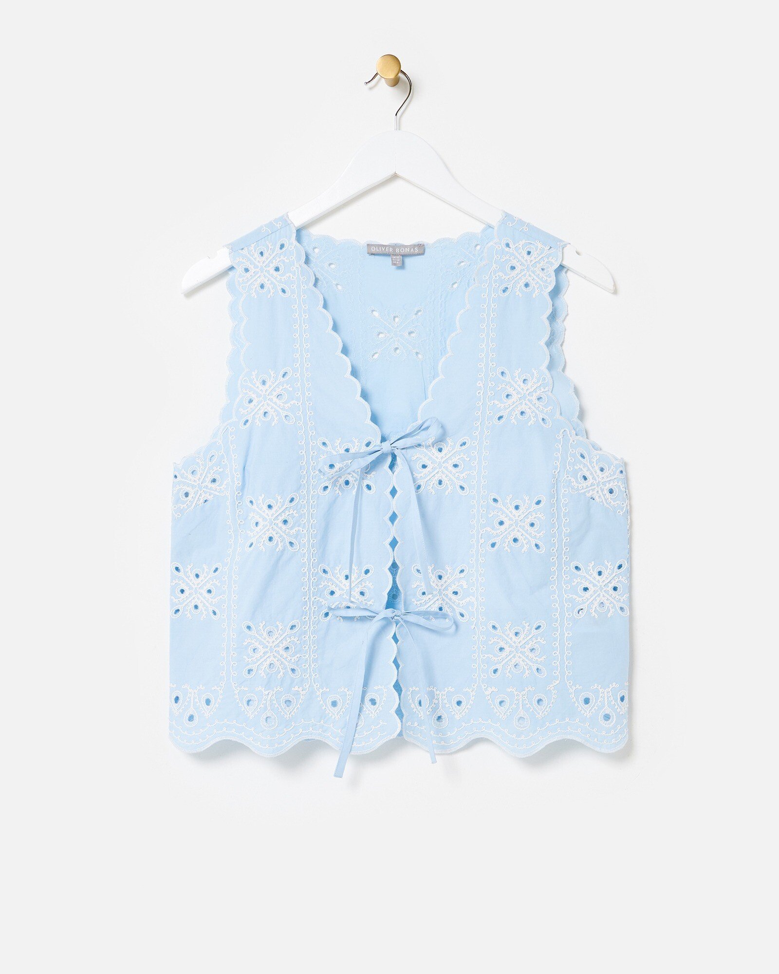 Light Blue Broderie Scalloped Cotton Tie Front Waistcoat Oliver Bonas IE