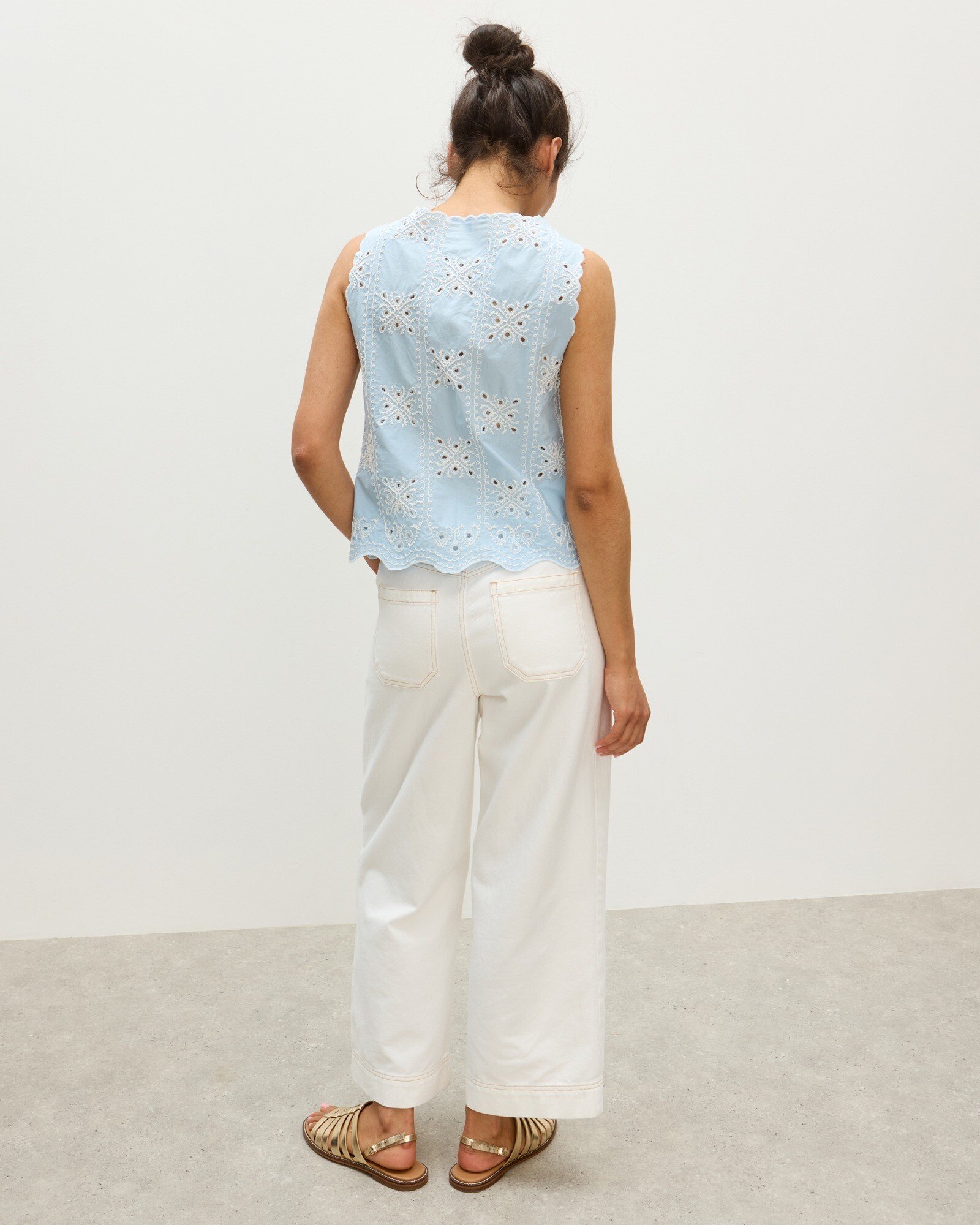 Light Blue Broderie Scalloped Cotton Tie Front Waistcoat Oliver