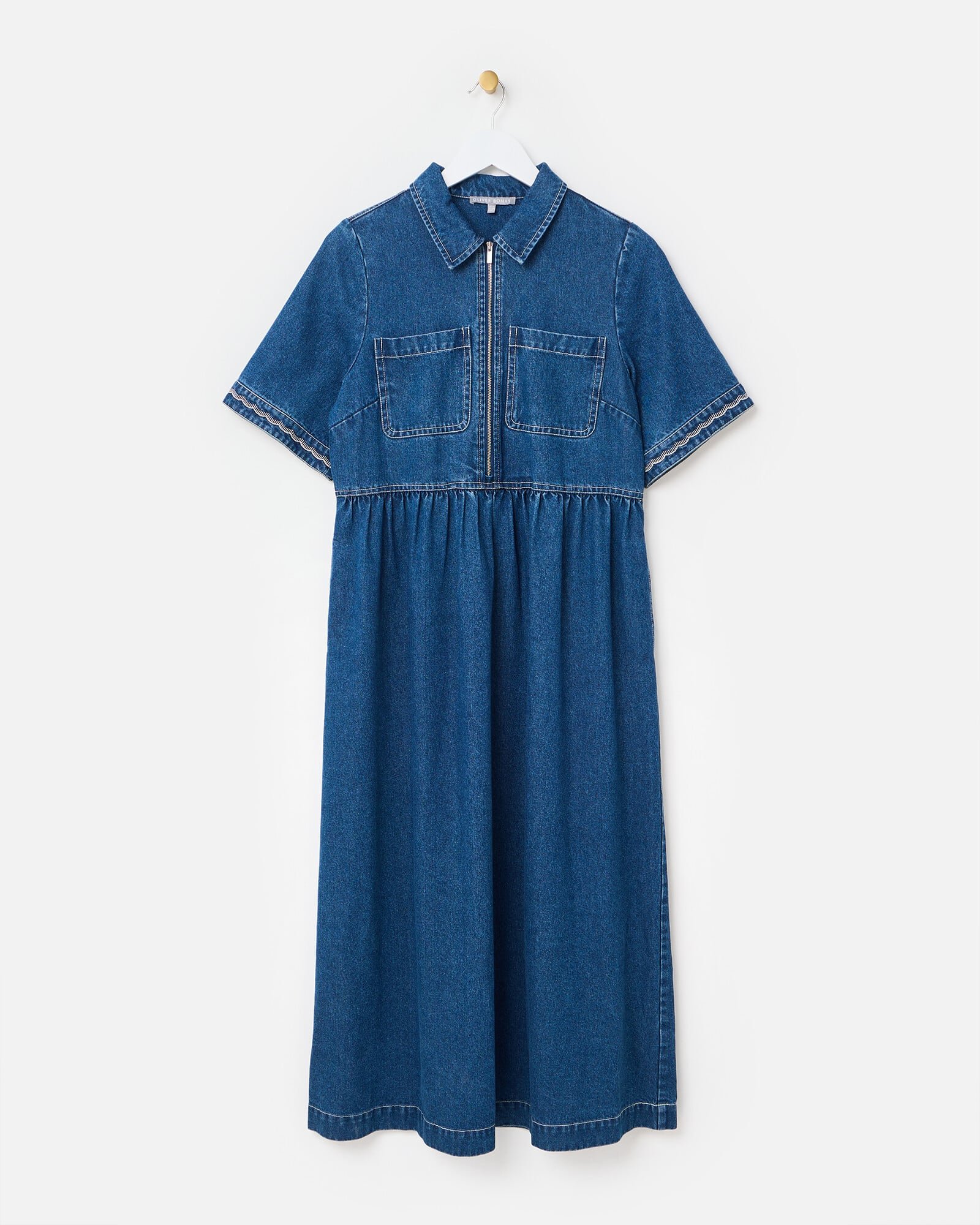 Dark Blue Denim Collared Zip Up Midi Dress | Oliver Bonas
