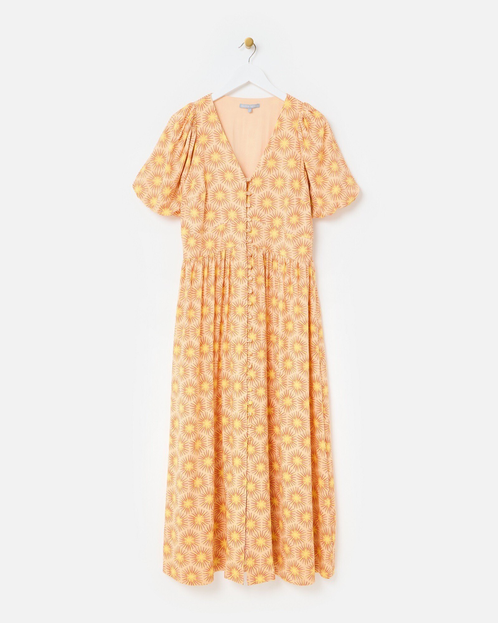 oliver bonas orange dress Orange Sunburst Print V-Neck Midi Dress