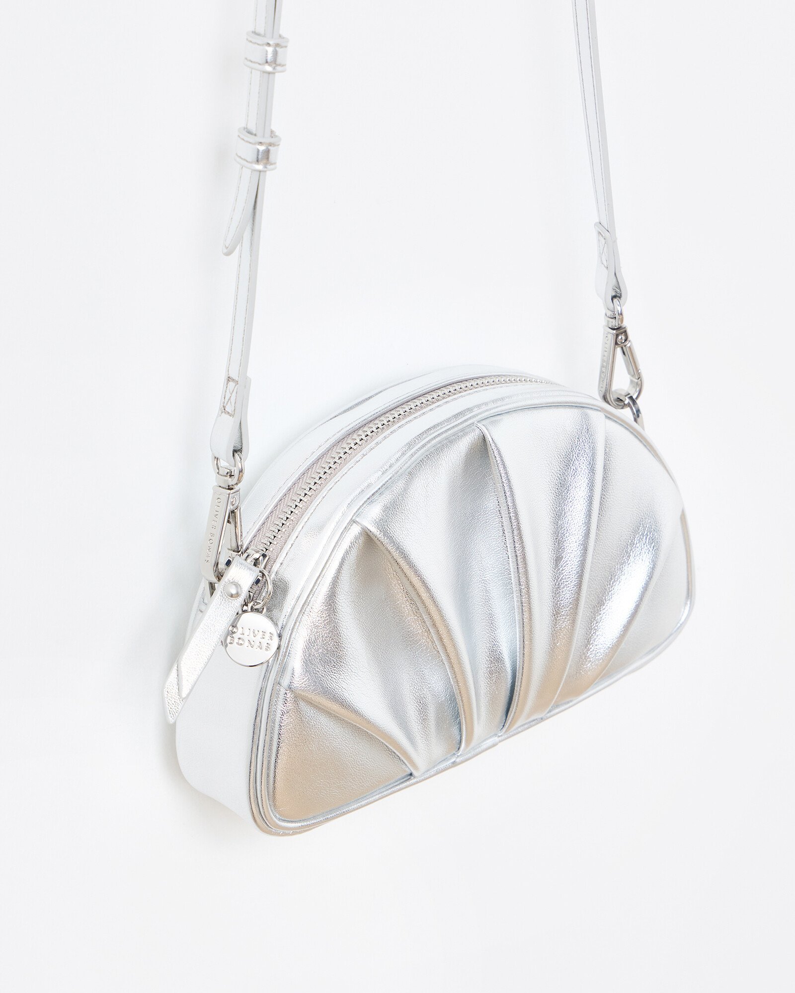 Silver Metallic Pleated Croissant Clutch Bag Oliver Bonas