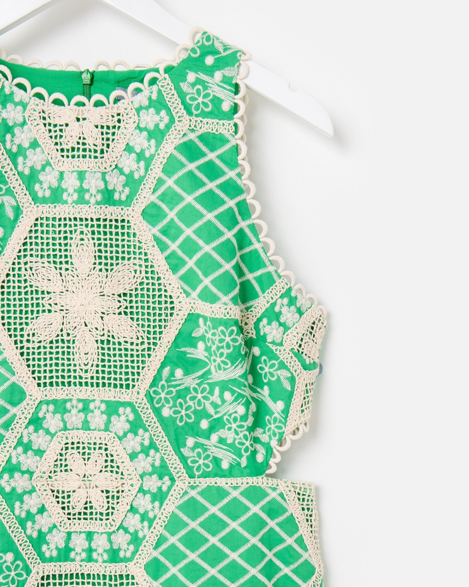 Green & Cream Embroidered Geometric Cut Out Midi Dress | Oliver Bonas