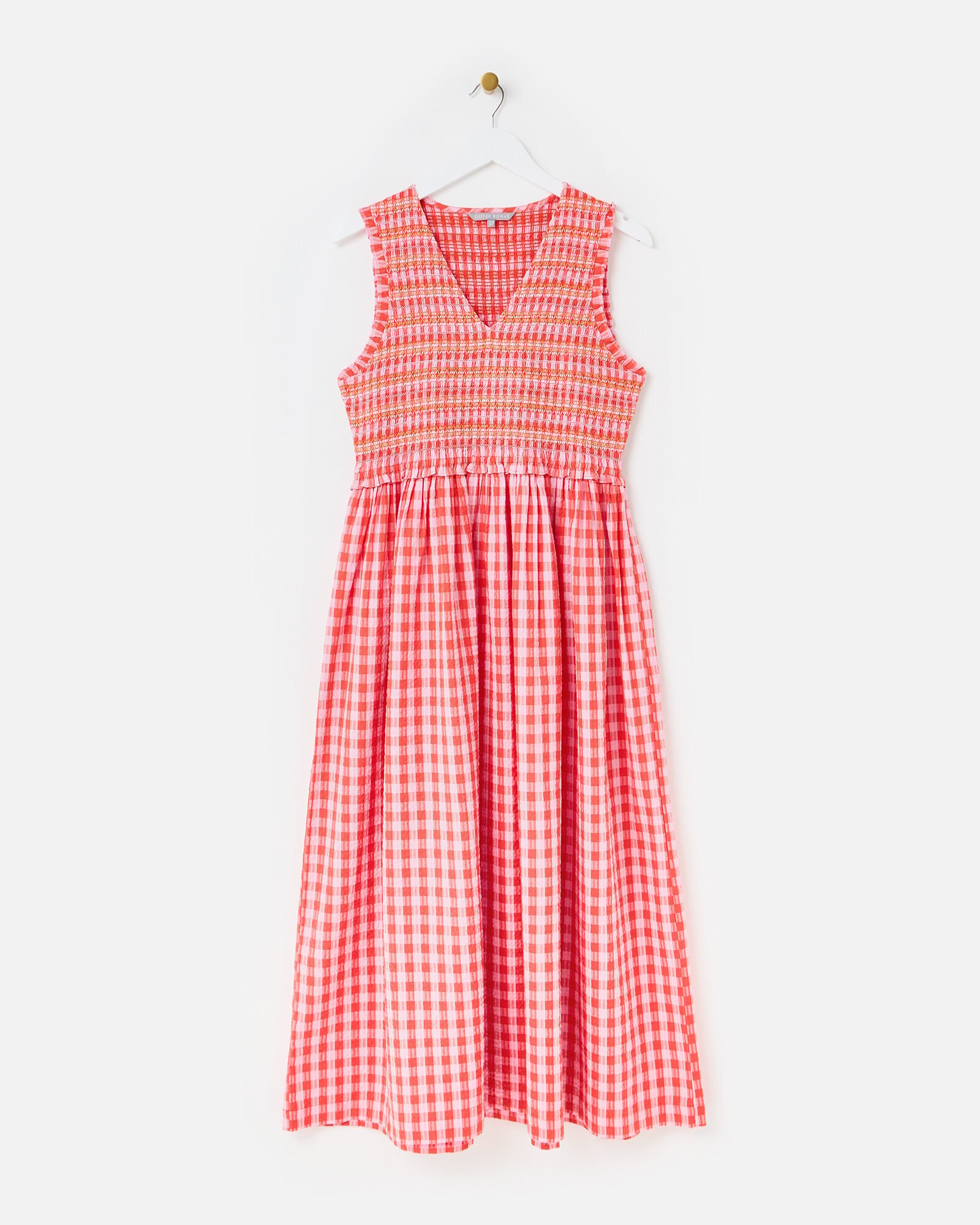 knee length dresses for ladies Threadbare Women's Pink Check Shirred Gauze Tiered Midi Dress main image 1