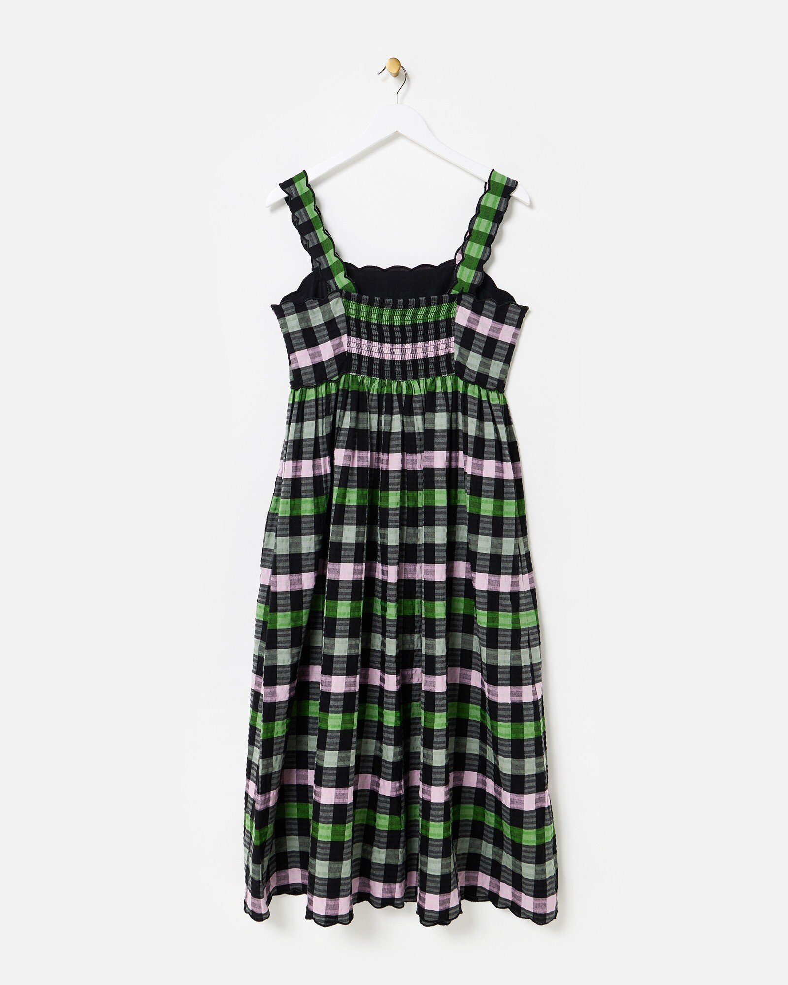 Black & Green Checked Scalloped Strappy Midi Dress | Oliver Bonas