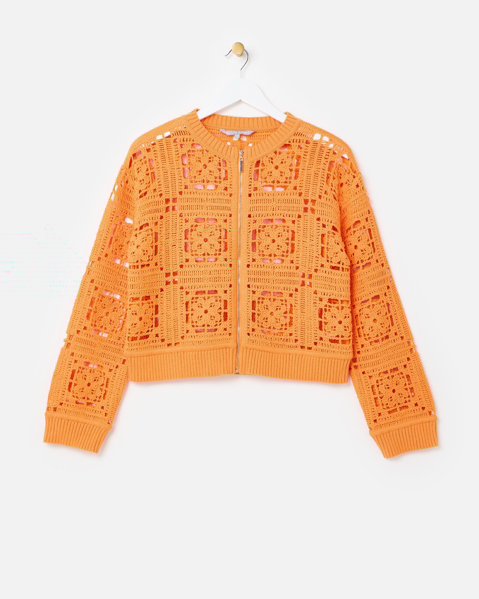 Orange Crochet Square Zip Up Cardigan | Oliver Bonas
