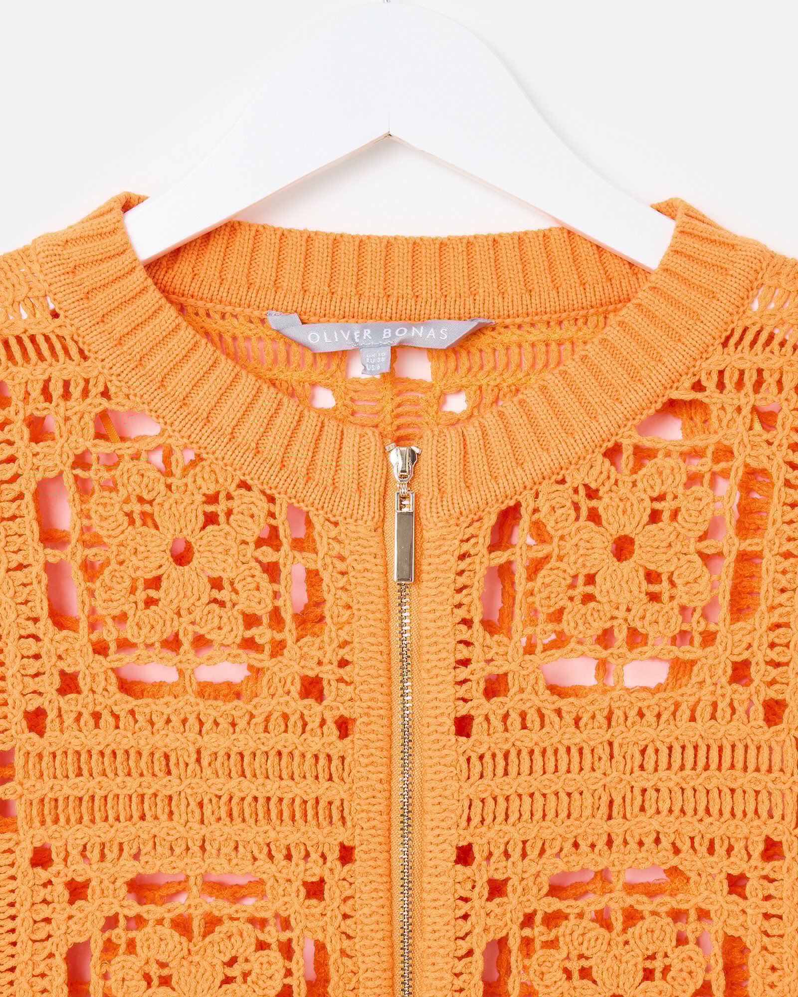 Orange Crochet Square Zip Up Cardigan | Oliver Bonas