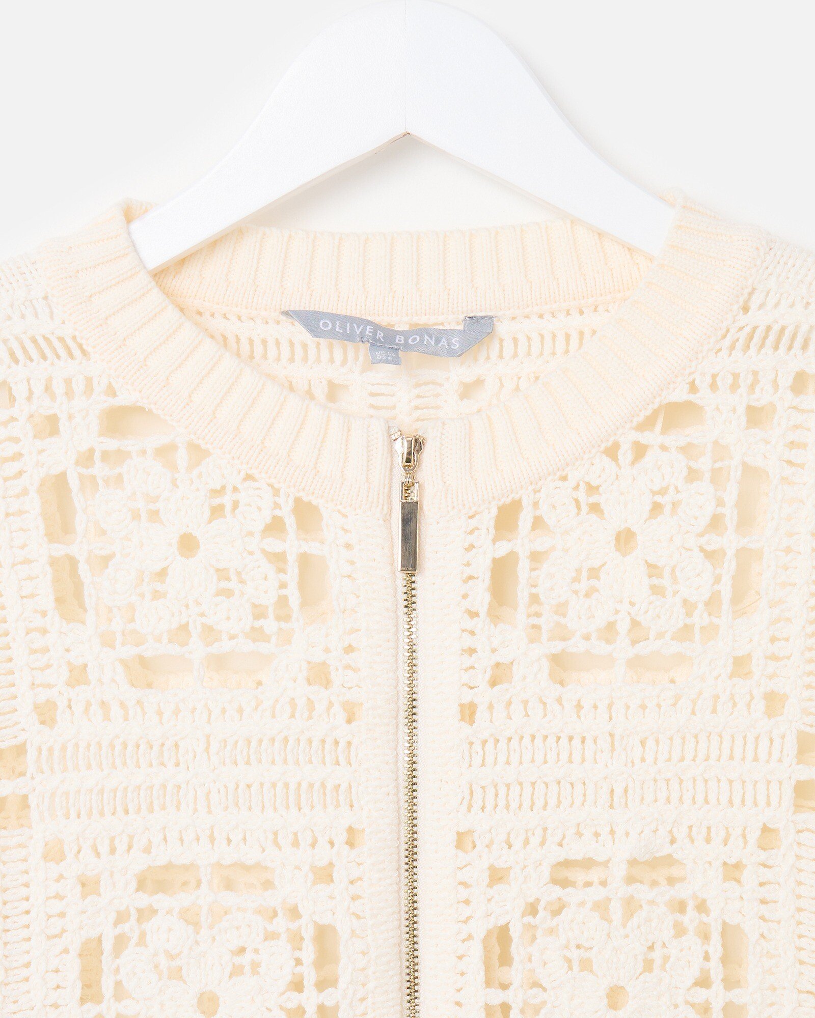 Ivory Crochet Square Zip Up Cardigan | Oliver Bonas