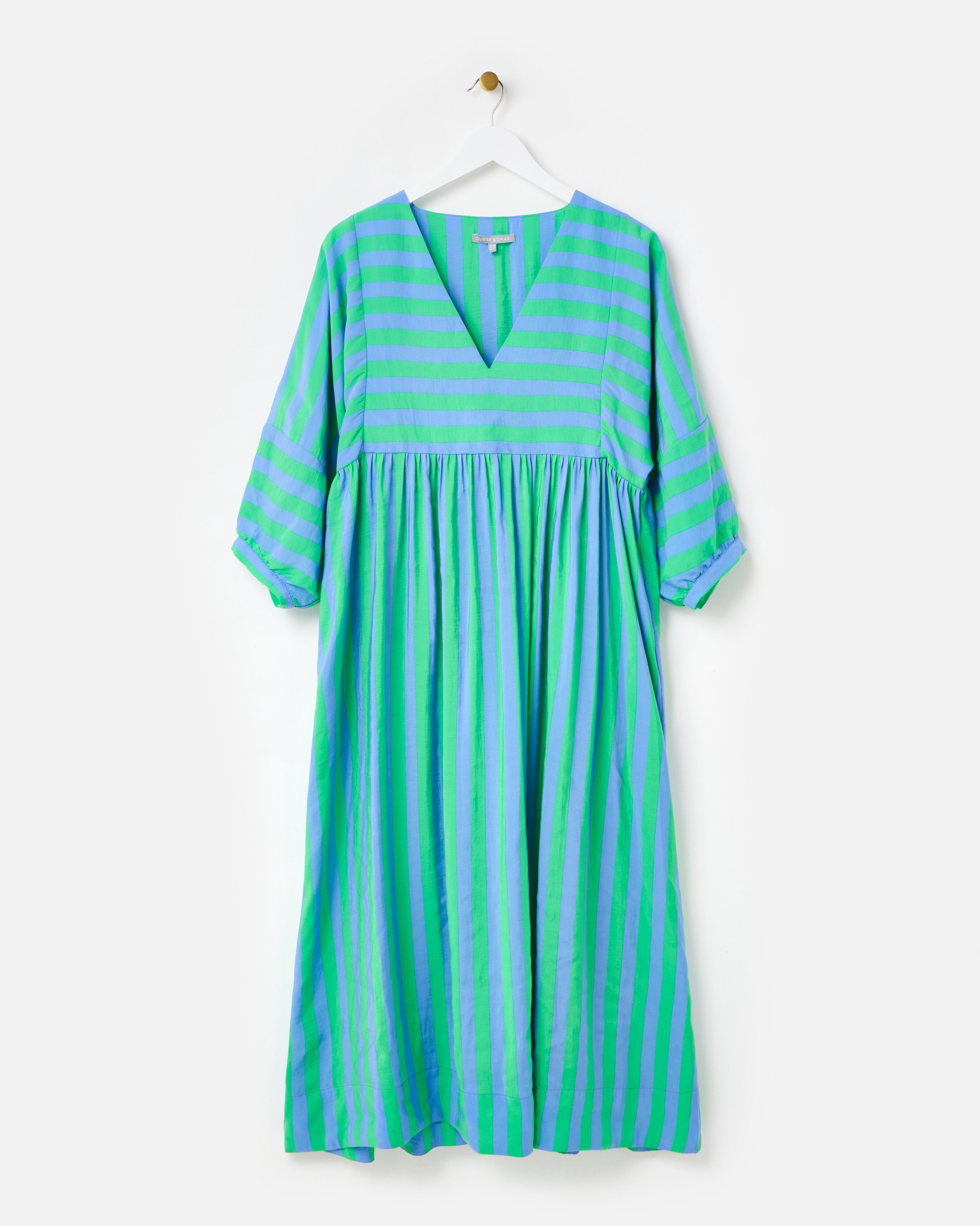 Blue & Green Striped V-Neck Midi Dress | Oliver Bonas
