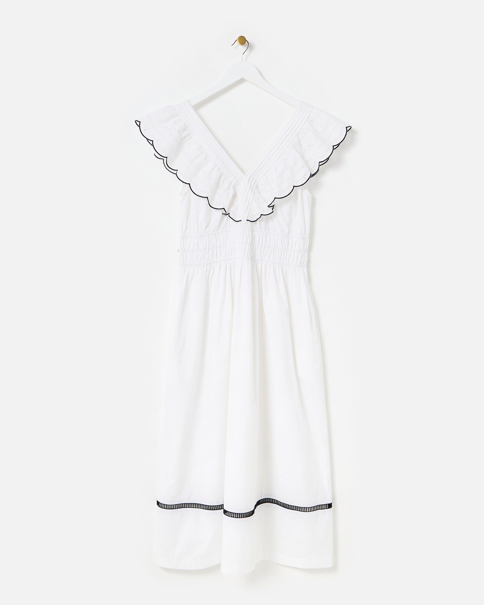 White Black Broderie Frill V-Neck Cotton Midi Dress