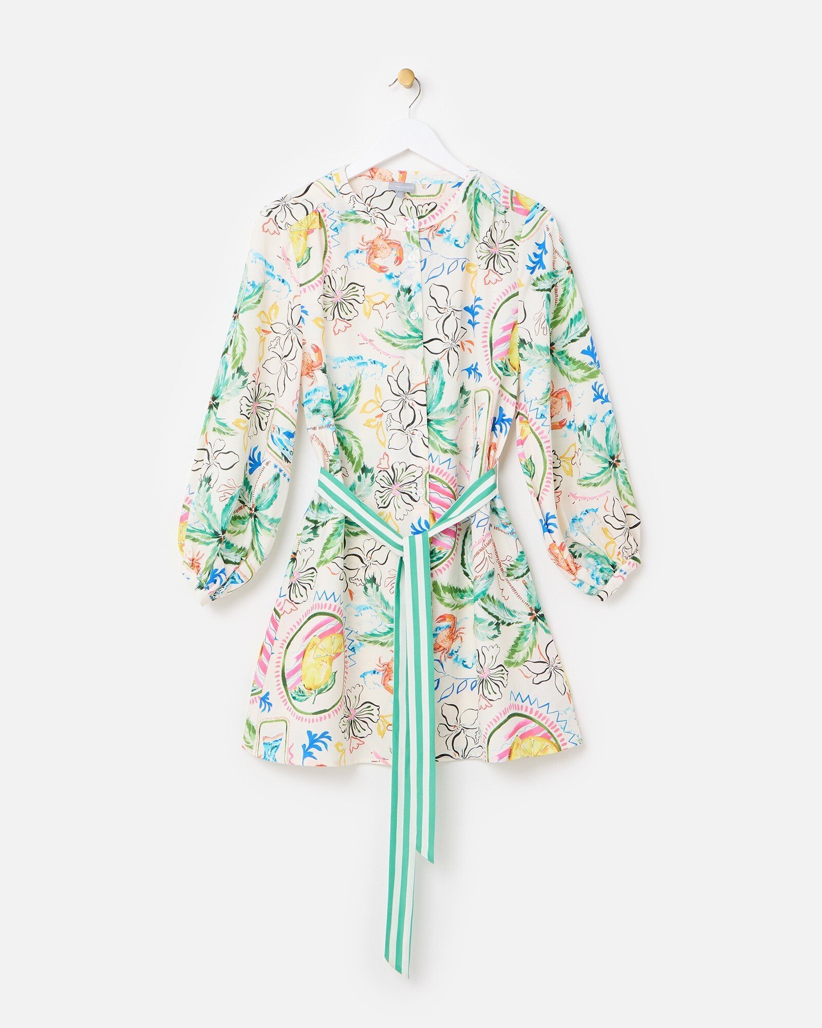 Summer Tropical Print Tie Waist Mini Shirt Dress Oliver Bonas