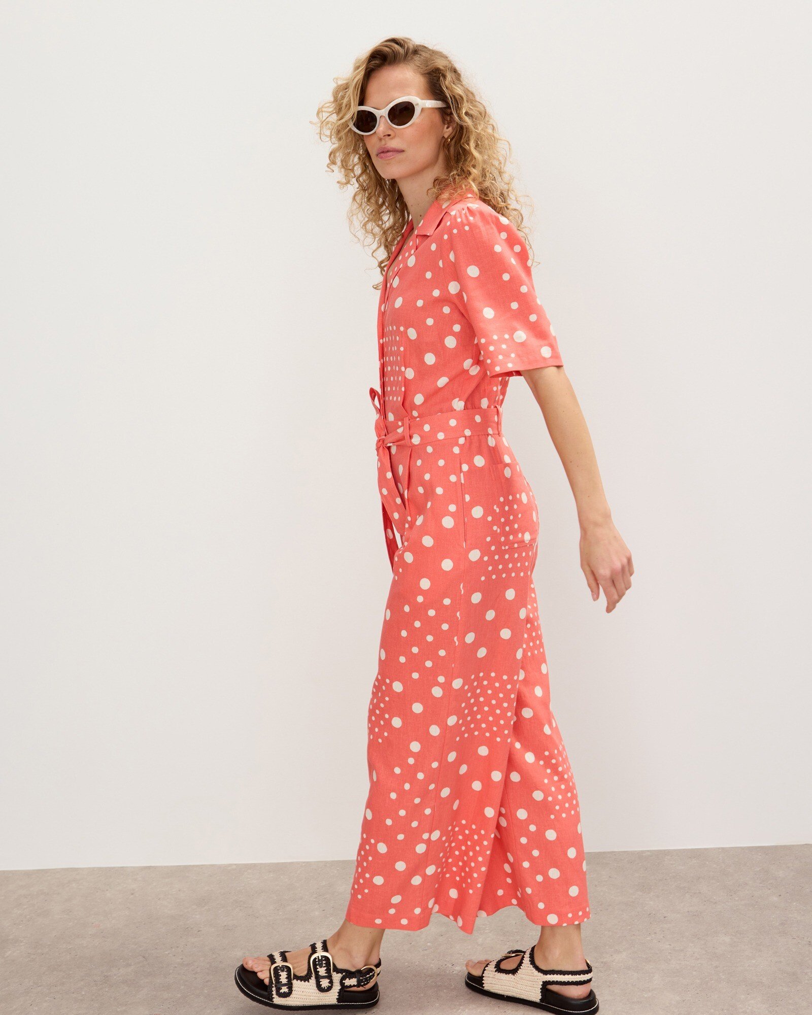 Pink White Spot Print Tie Waist Linen Blend Jumpsuit Oliver Bonas
