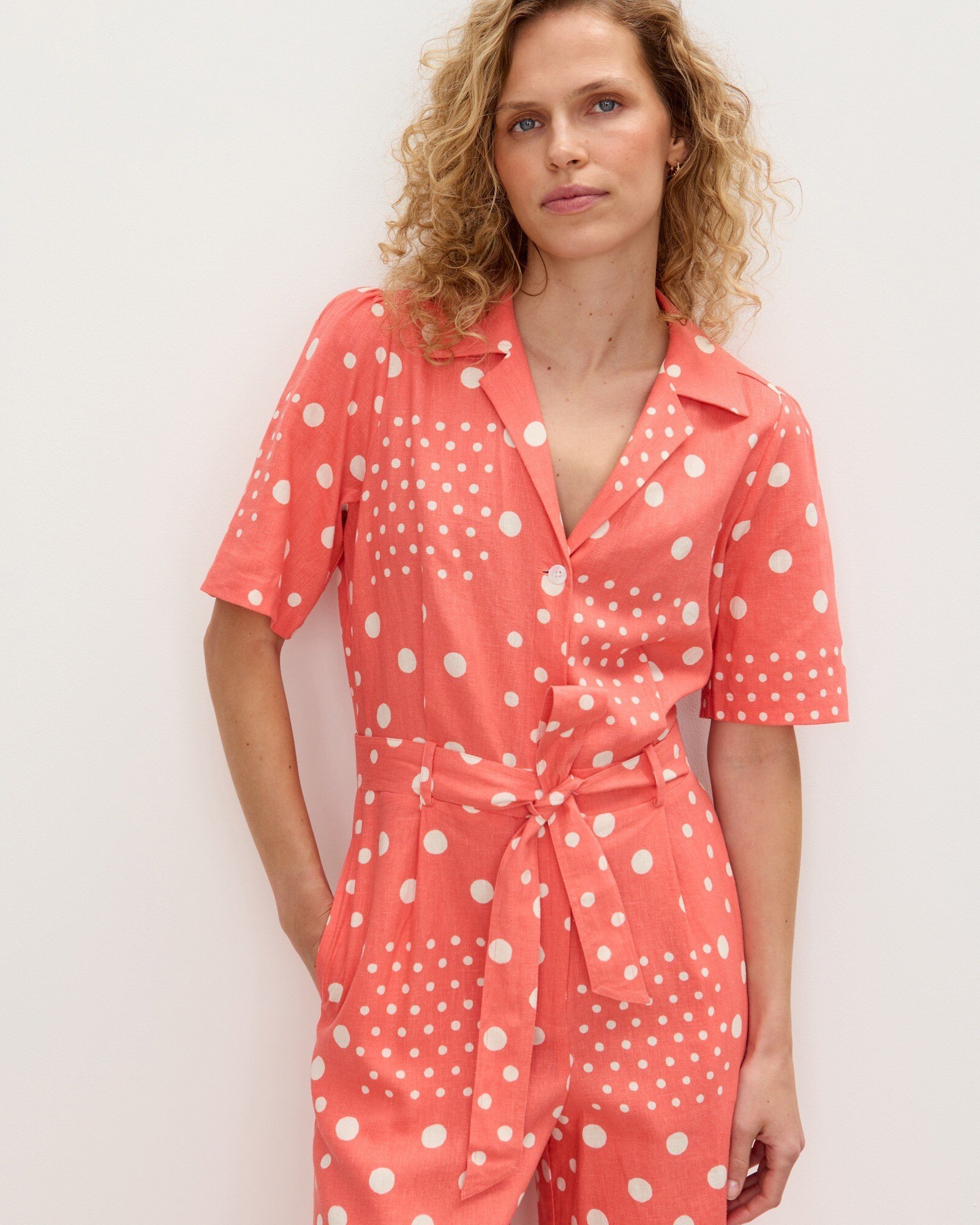 Pink White Spot Print Tie Waist Linen Blend Jumpsuit Oliver Bonas