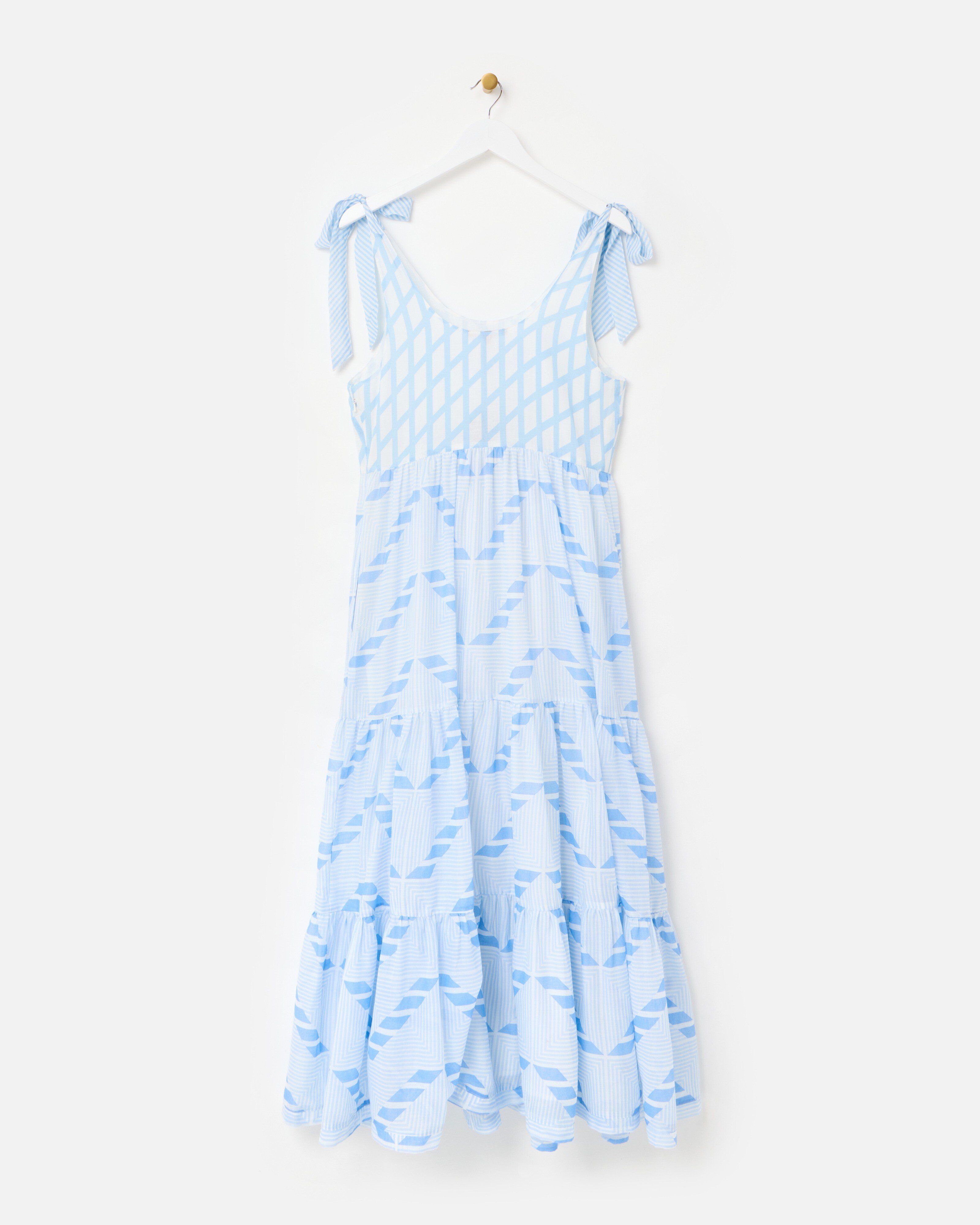 princess polly baby blue dress Light Blue & White Geometric Tie Strap Cotton Midi Dress