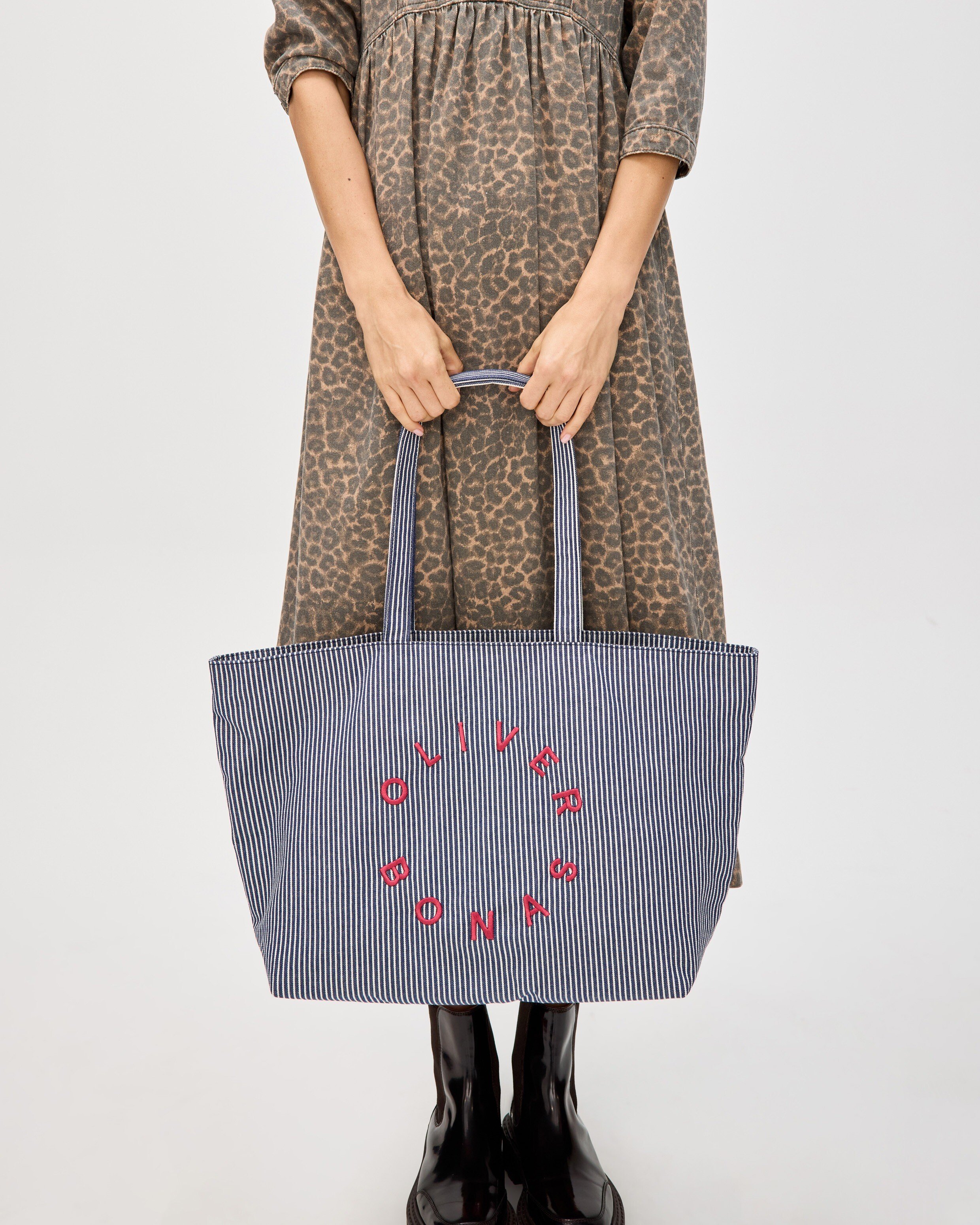 Denim Blue Striped Logo Fabric Tote Shopper Bag | Oliver Bonas