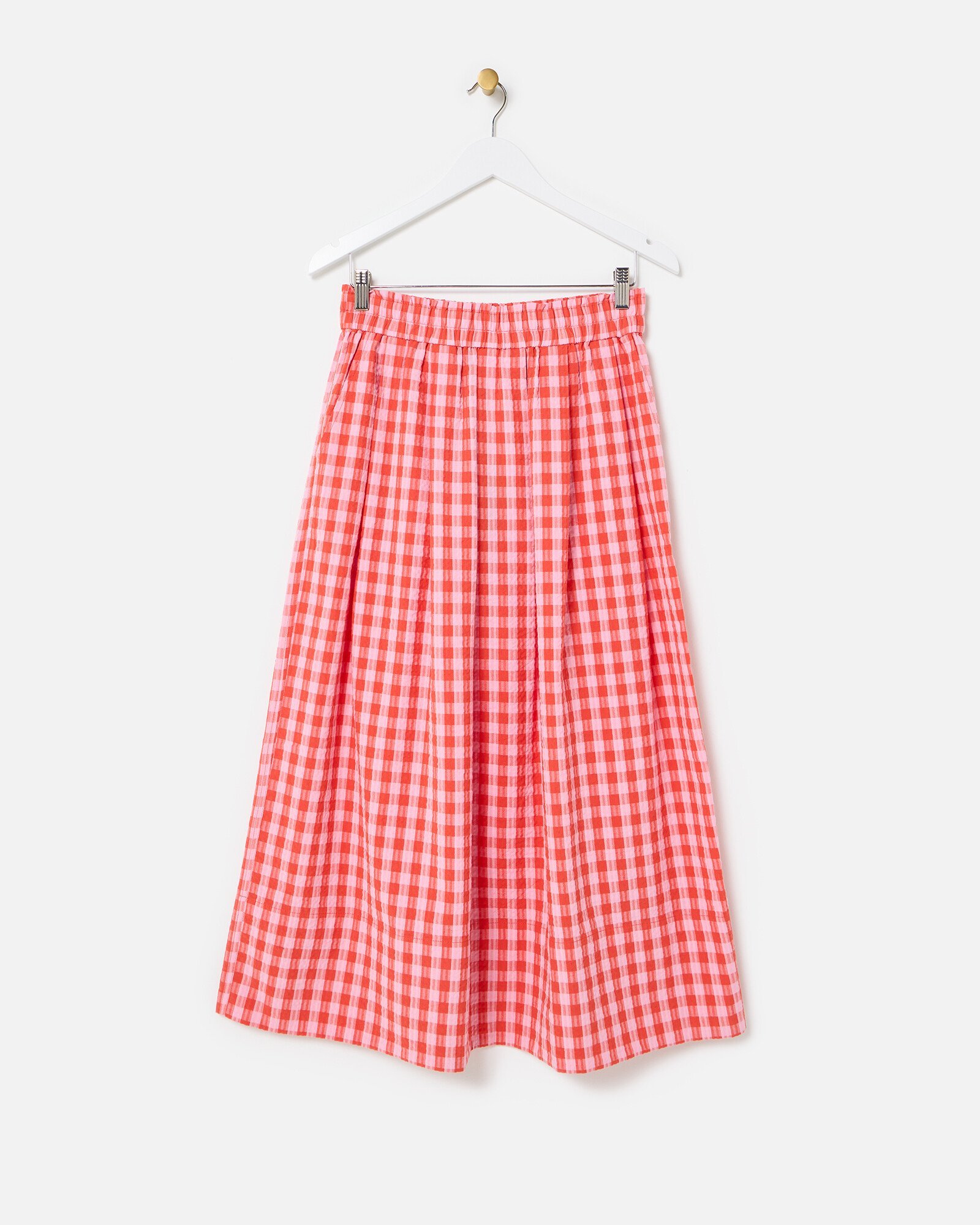 Red Pink Gingham Elasticated Waist Midi Skirt Oliver Bonas