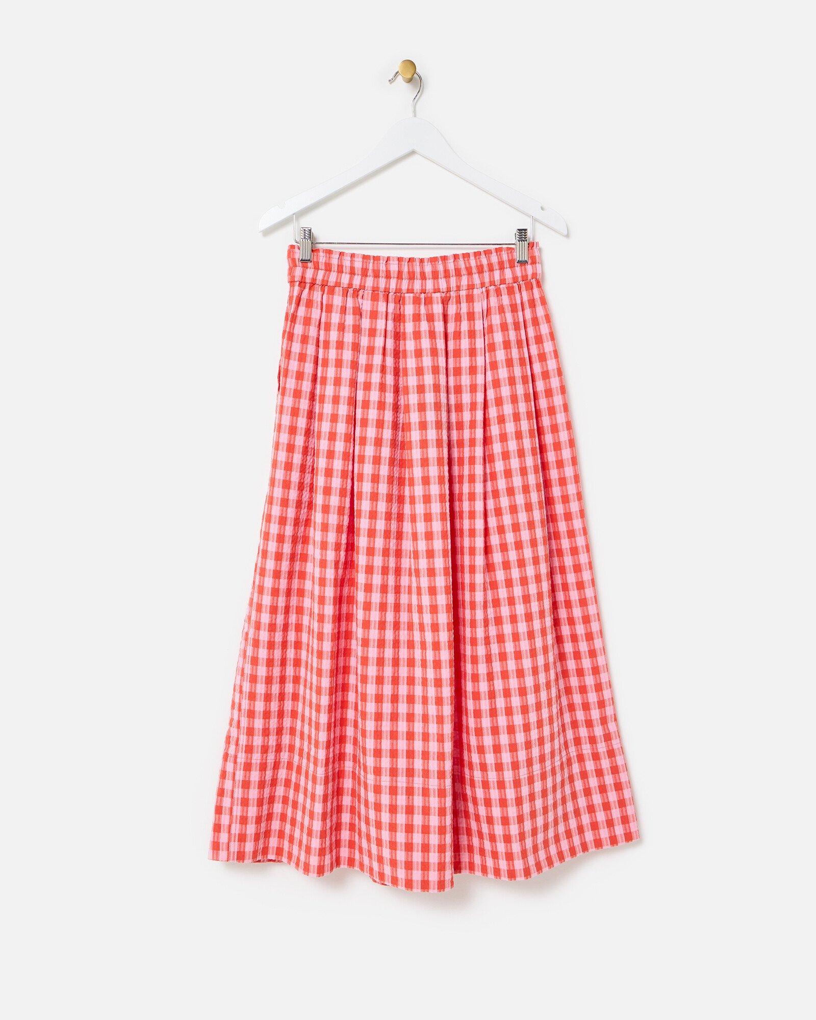 Red Pink Gingham Elasticated Waist Midi Skirt Oliver Bonas