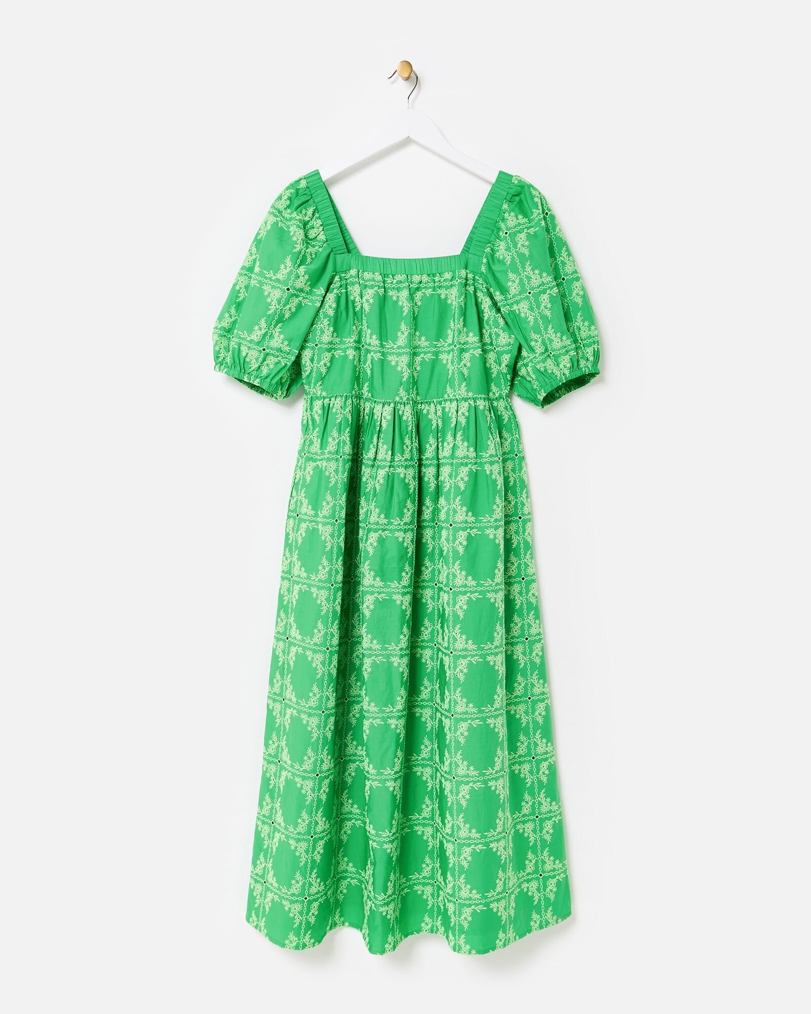 Green Floral Broderie Tile Puff Sleeve Midi Dress | Oliver Bonas